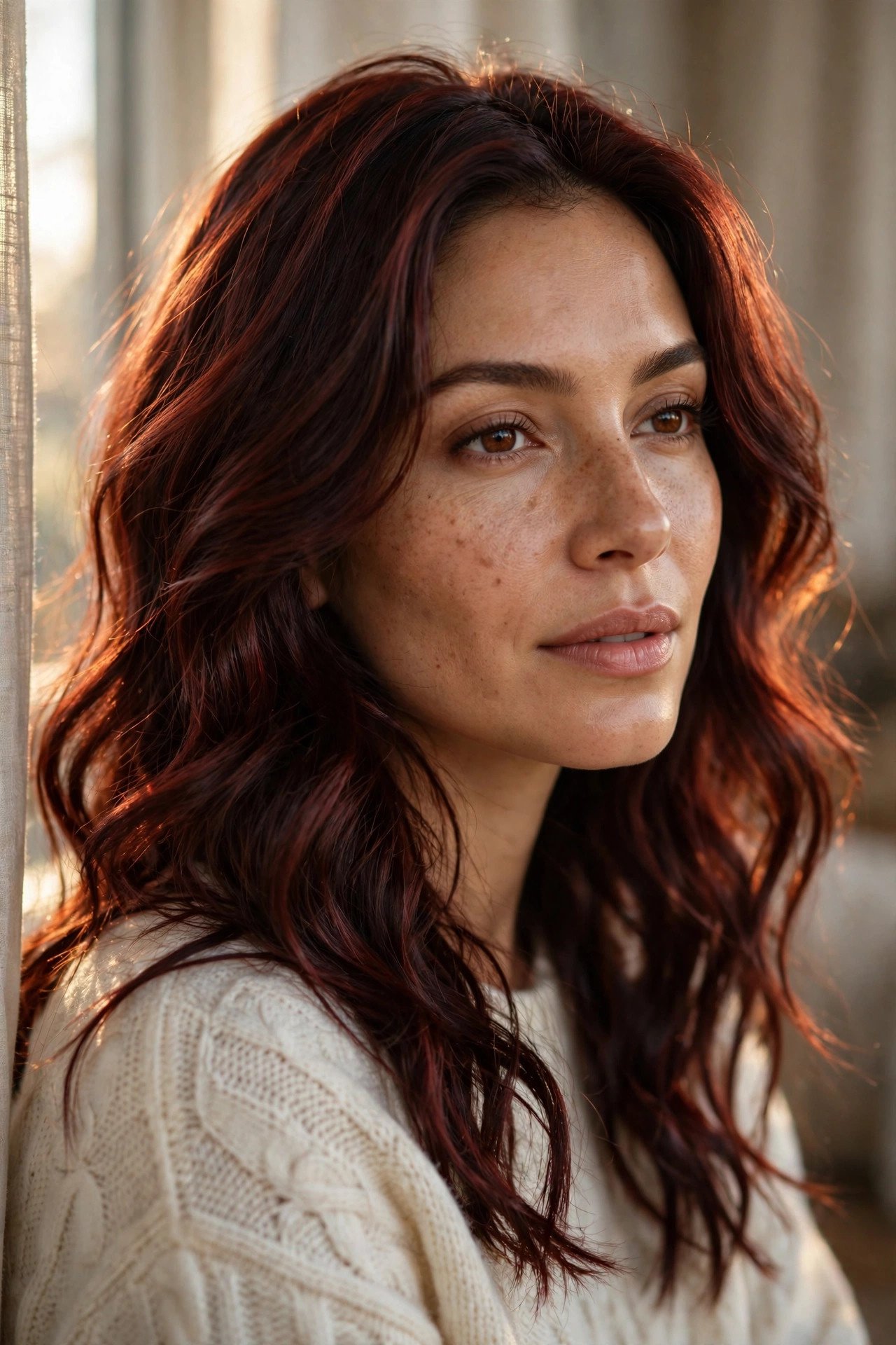 Woman with medium olive skin and cherry cola hair in loose waves, glowing in window light
