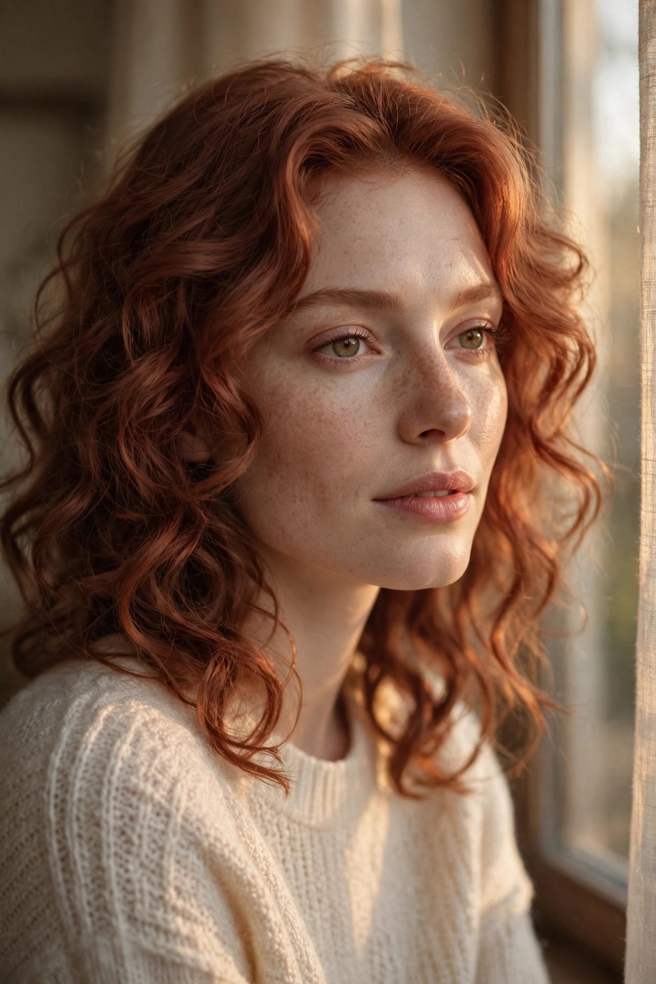 Fair-skinned woman with freckles and oxidized copper curls in golden hour light