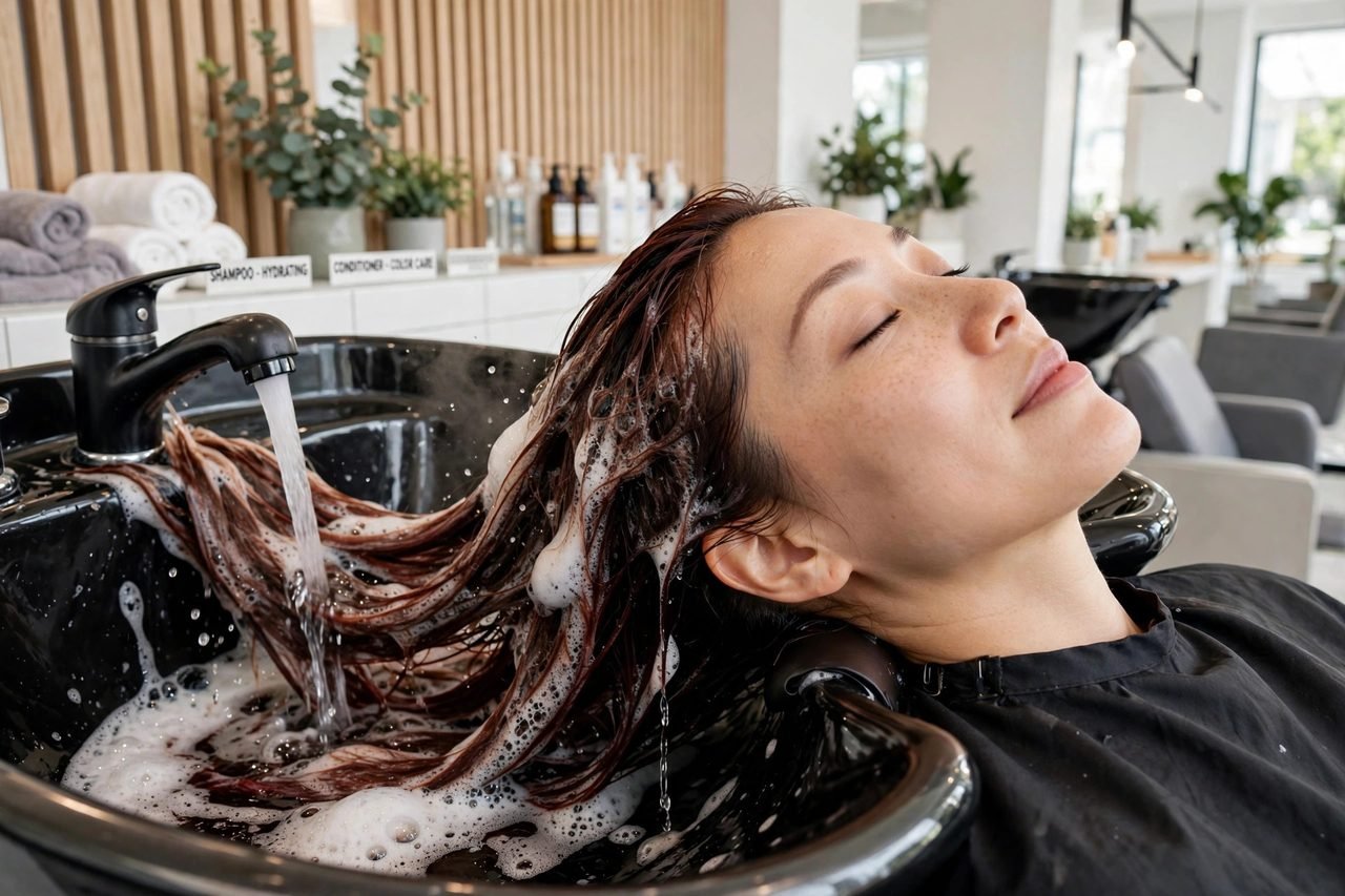 Woman washing cherry cola red-brown hair in a salon shampoo bowl