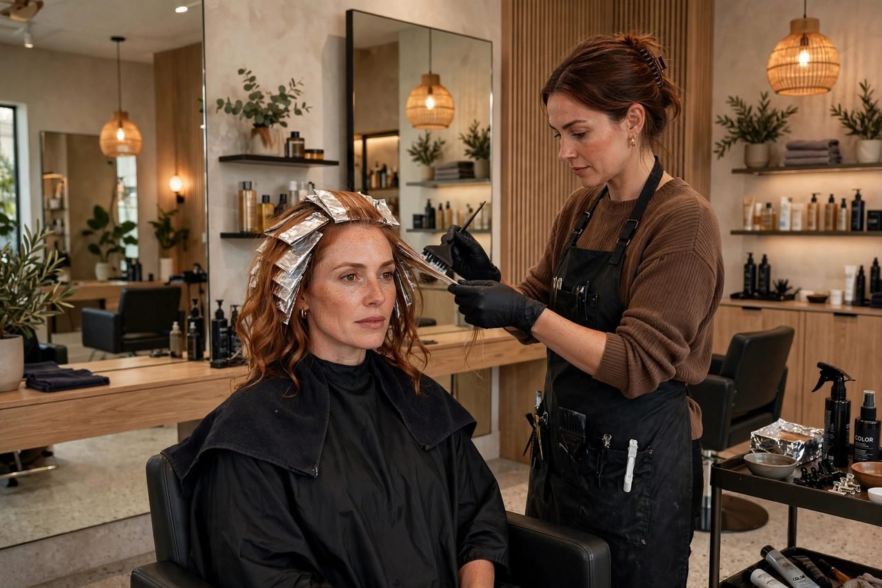 Woman with foils in copper-toned hair at a modern salon while a colorist works