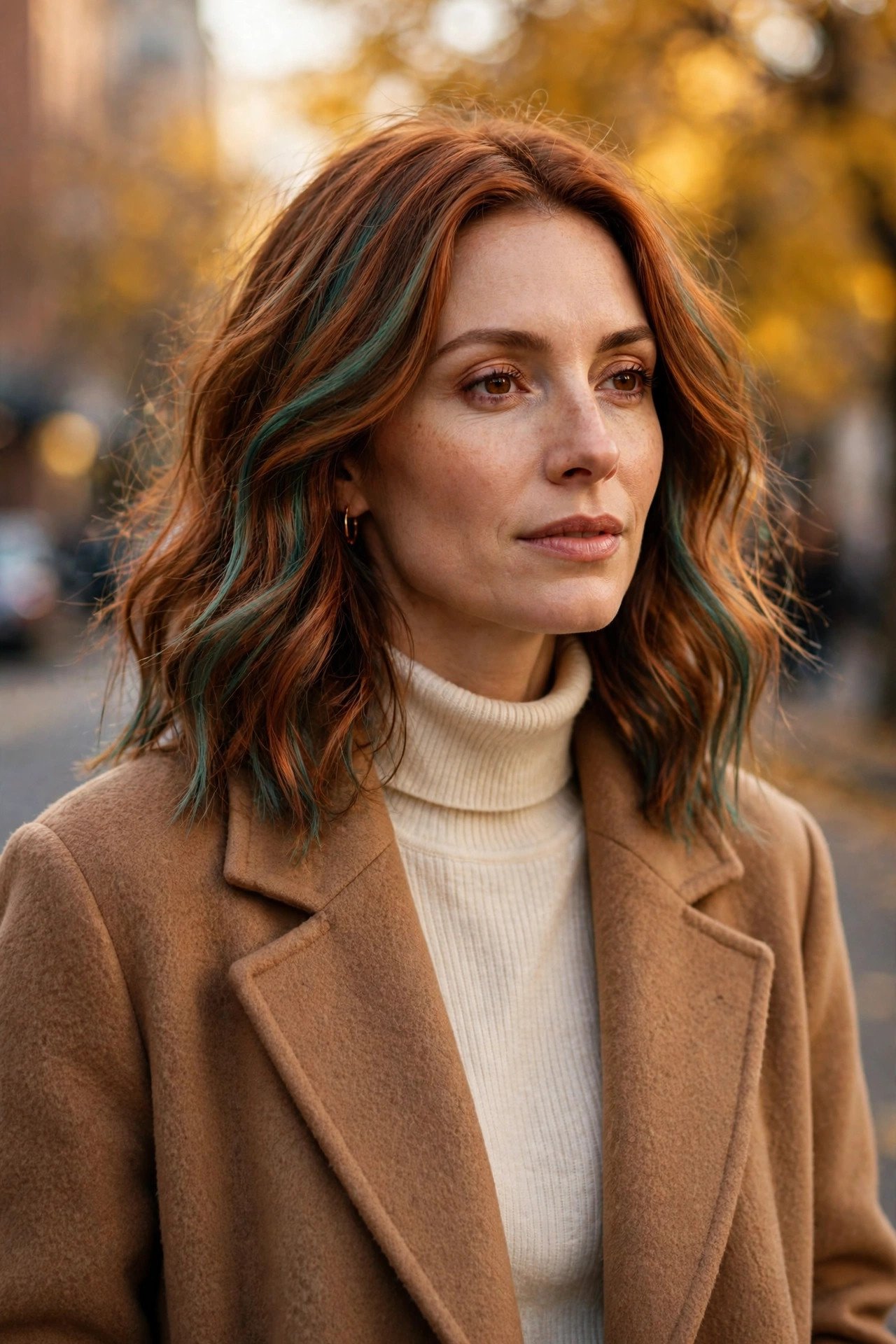 Woman with oxidized copper hair in a camel coat and cream turtleneck against fall foliage