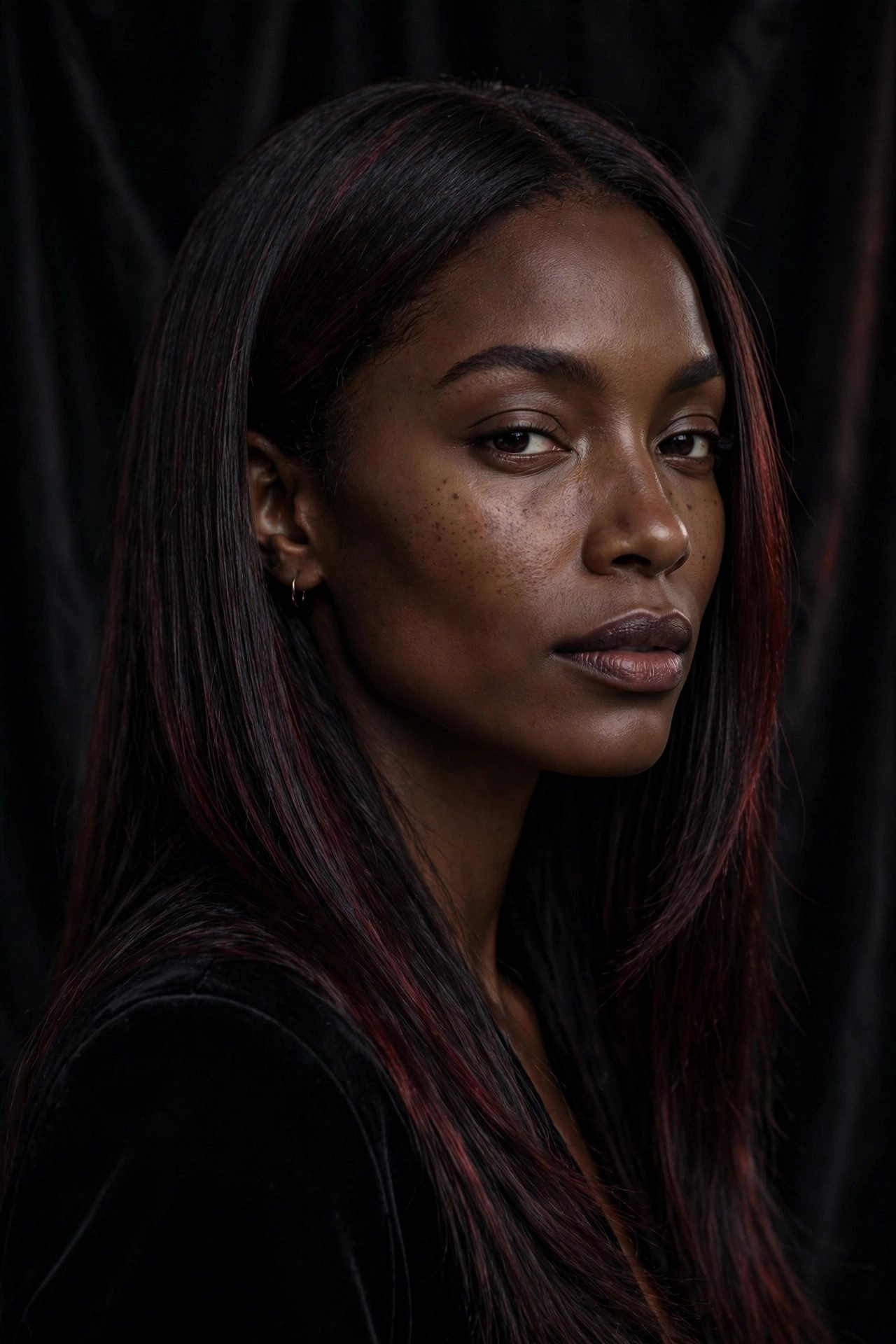 Woman with deep brown skin and sleek dark cherry cola hair against a dark background