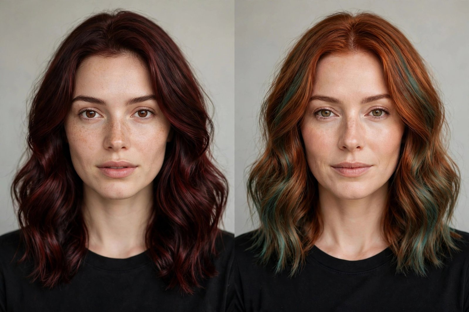 Side-by-side comparison of cherry cola hair versus oxidized copper hair