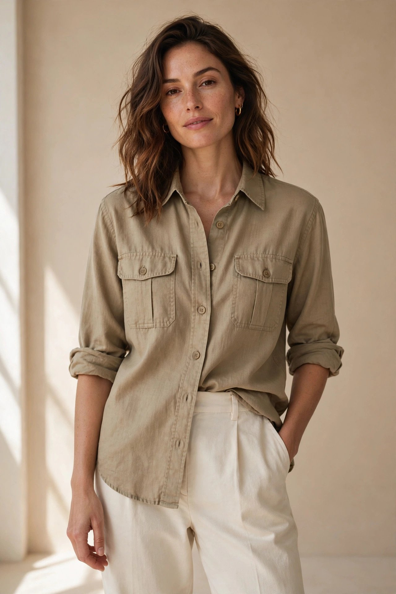 Woman wearing a khaki utility shirt with two chest flap pockets, half-tucked into cream trousers with sleeves rolled up