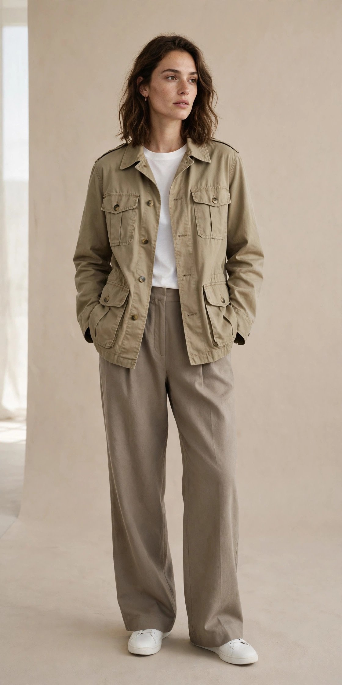 Woman wearing a khaki field jacket with four bellow pockets over a white top and taupe trousers in a sand-colored studio