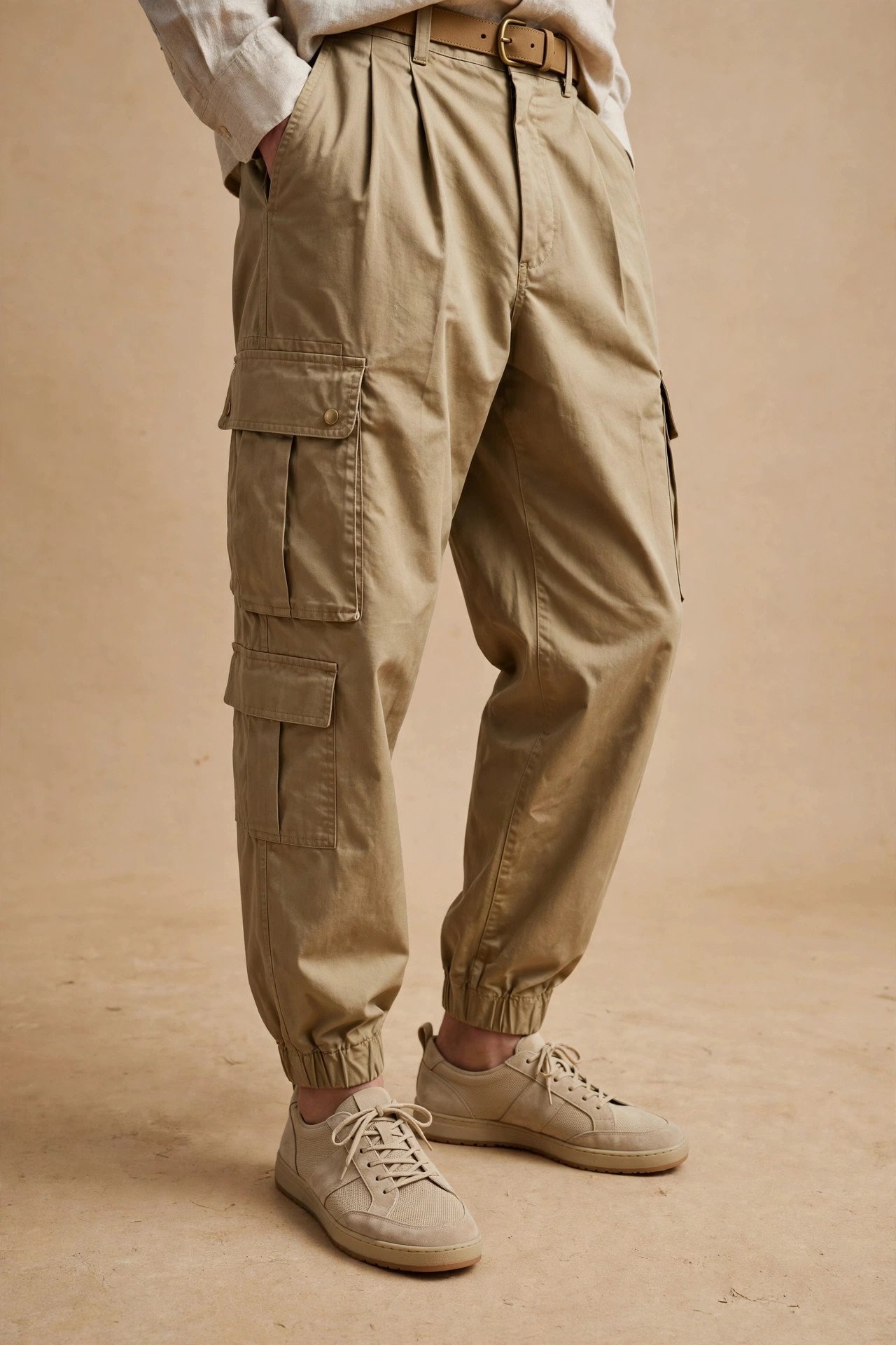 Close-up of pleated khaki cargo trousers with side cargo pockets and tapered ankles worn with sand sneakers