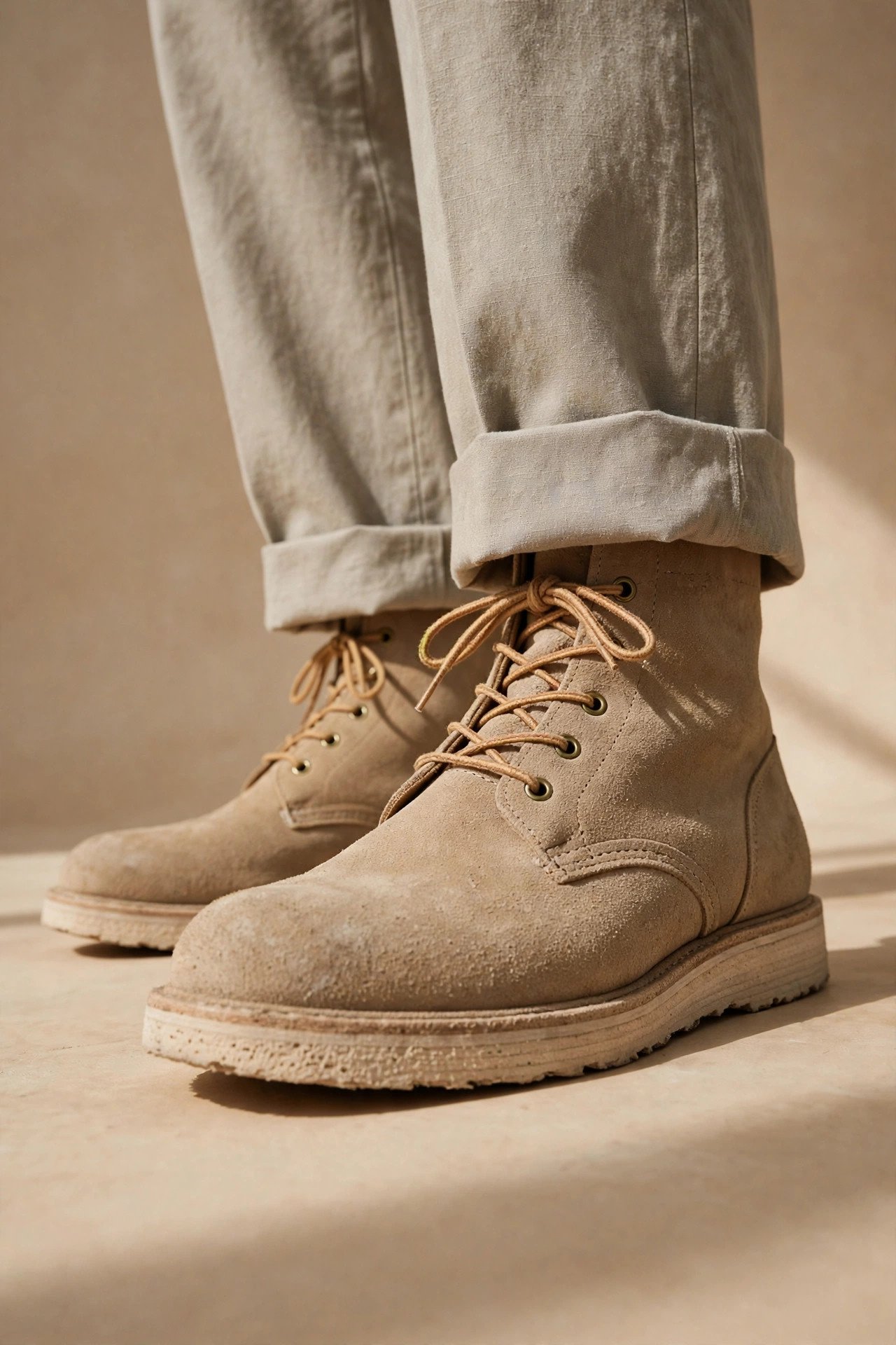 Sand-colored suede desert boots with crepe soles worn with cuffed stone trousers, low-angle fashion detail shot