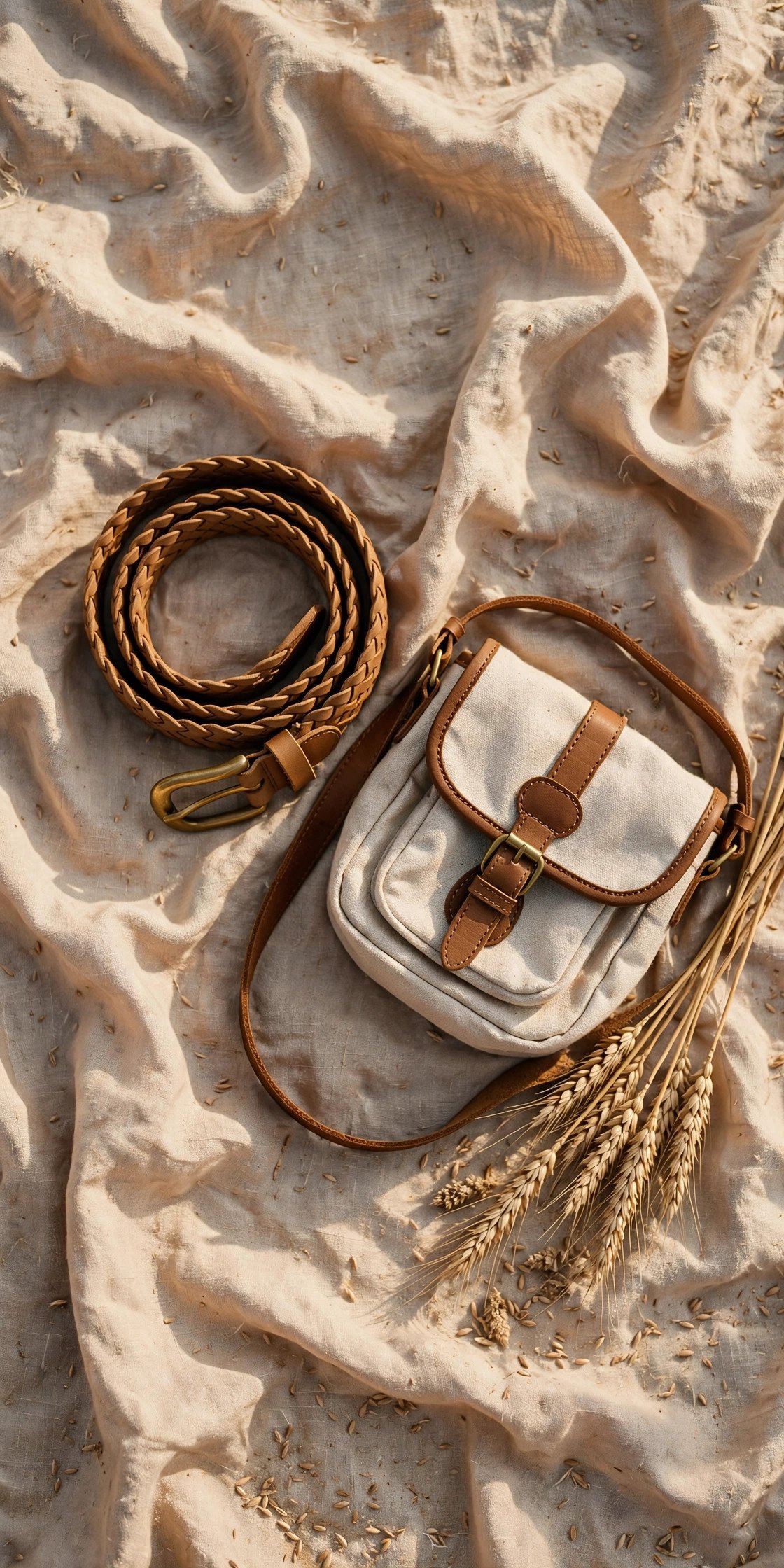Flat lay of a woven tan leather belt coiled beside a canvas satchel bag with leather straps on sand-colored linen fabric