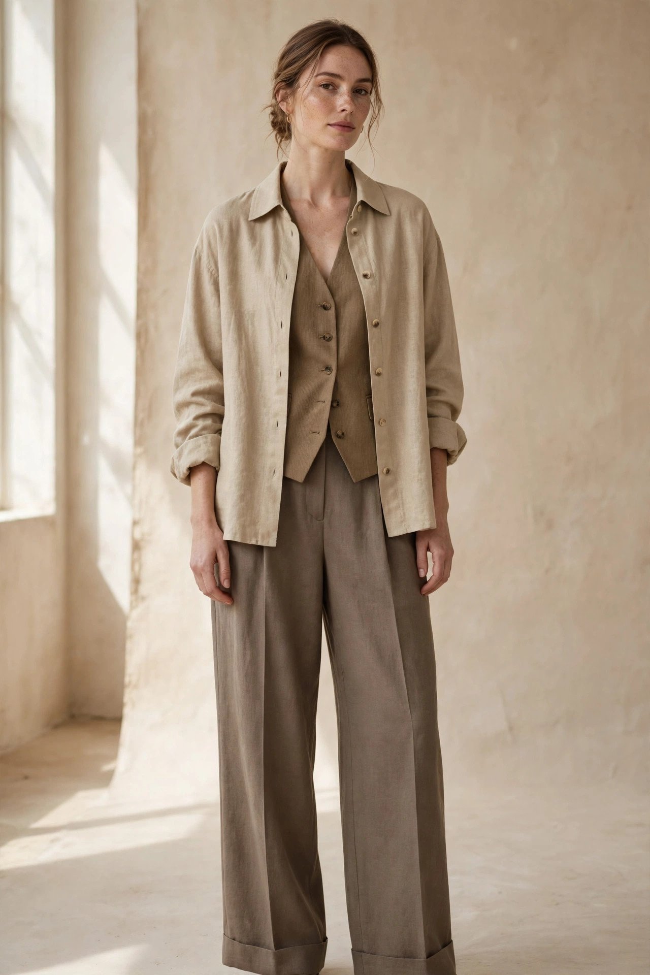 Woman in a tone-on-tone outfit of three distinct khaki shades: sand overshirt, darker khaki vest and taupe wide-leg trousers
