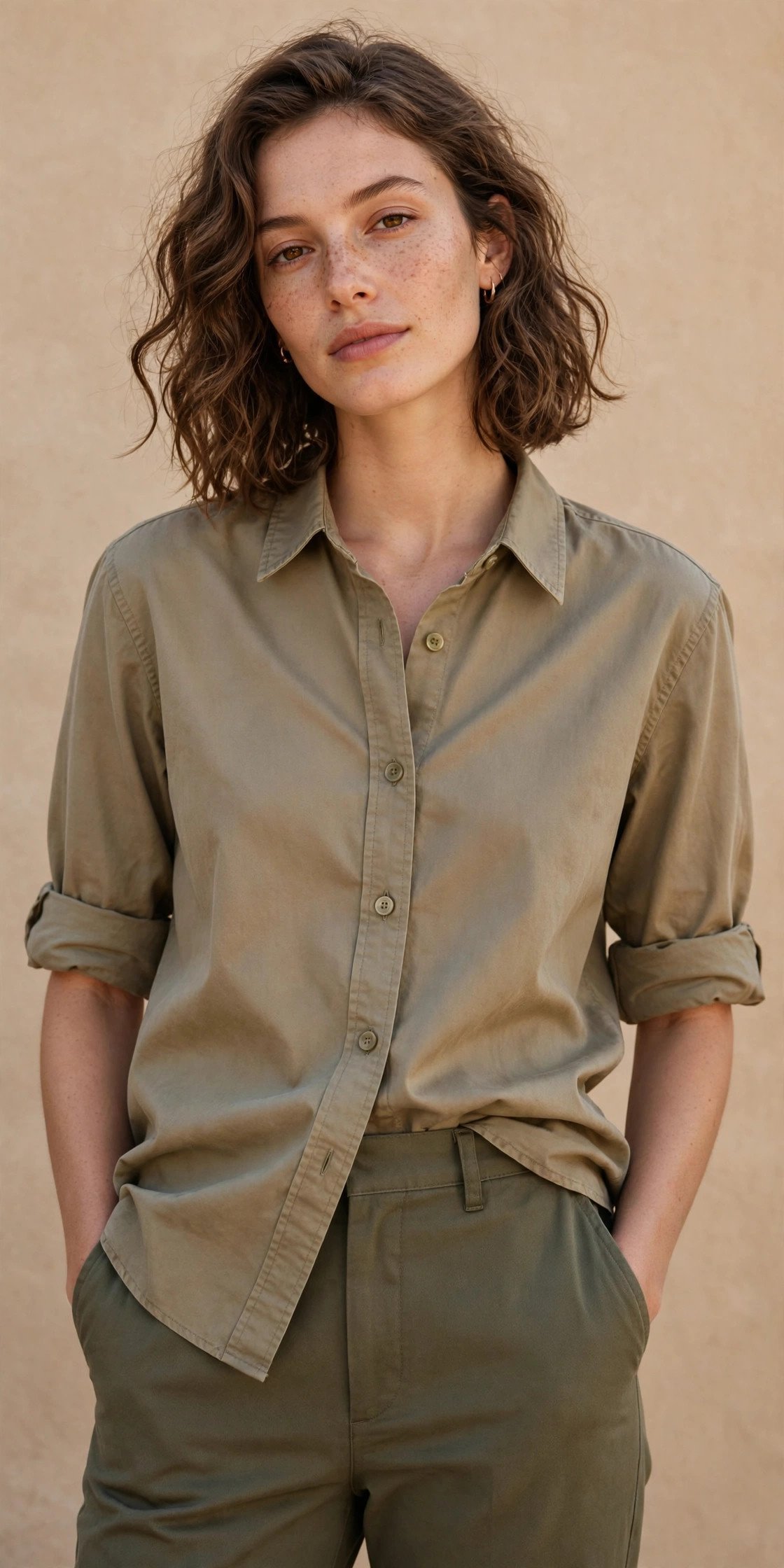Waist-up detail of a khaki button-up shirt half-tucked into olive trousers with sleeves pushed up, hands in pockets