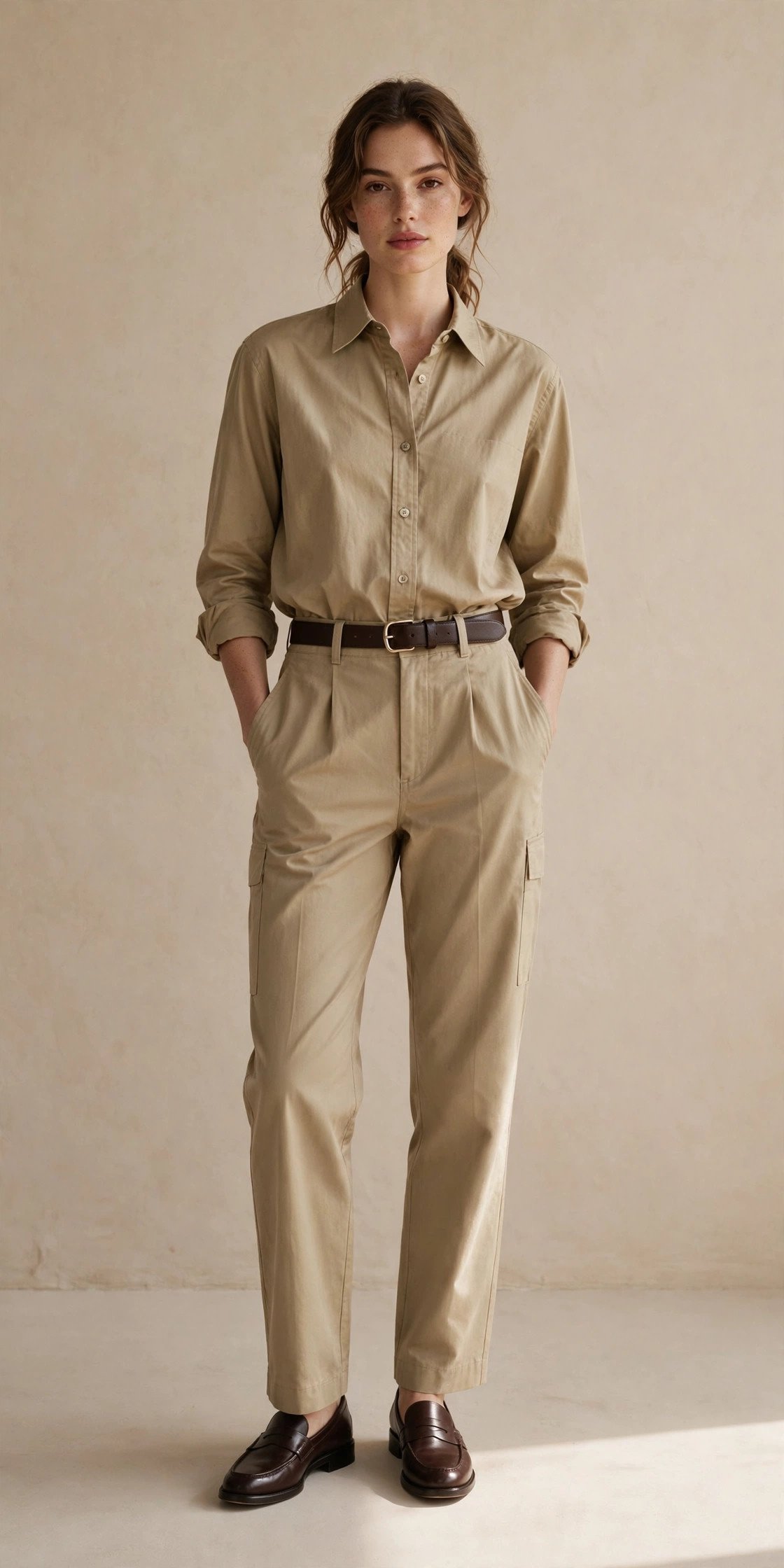 Woman in an all-khaki outfit grounded by a dark brown leather belt and dark brown leather loafers