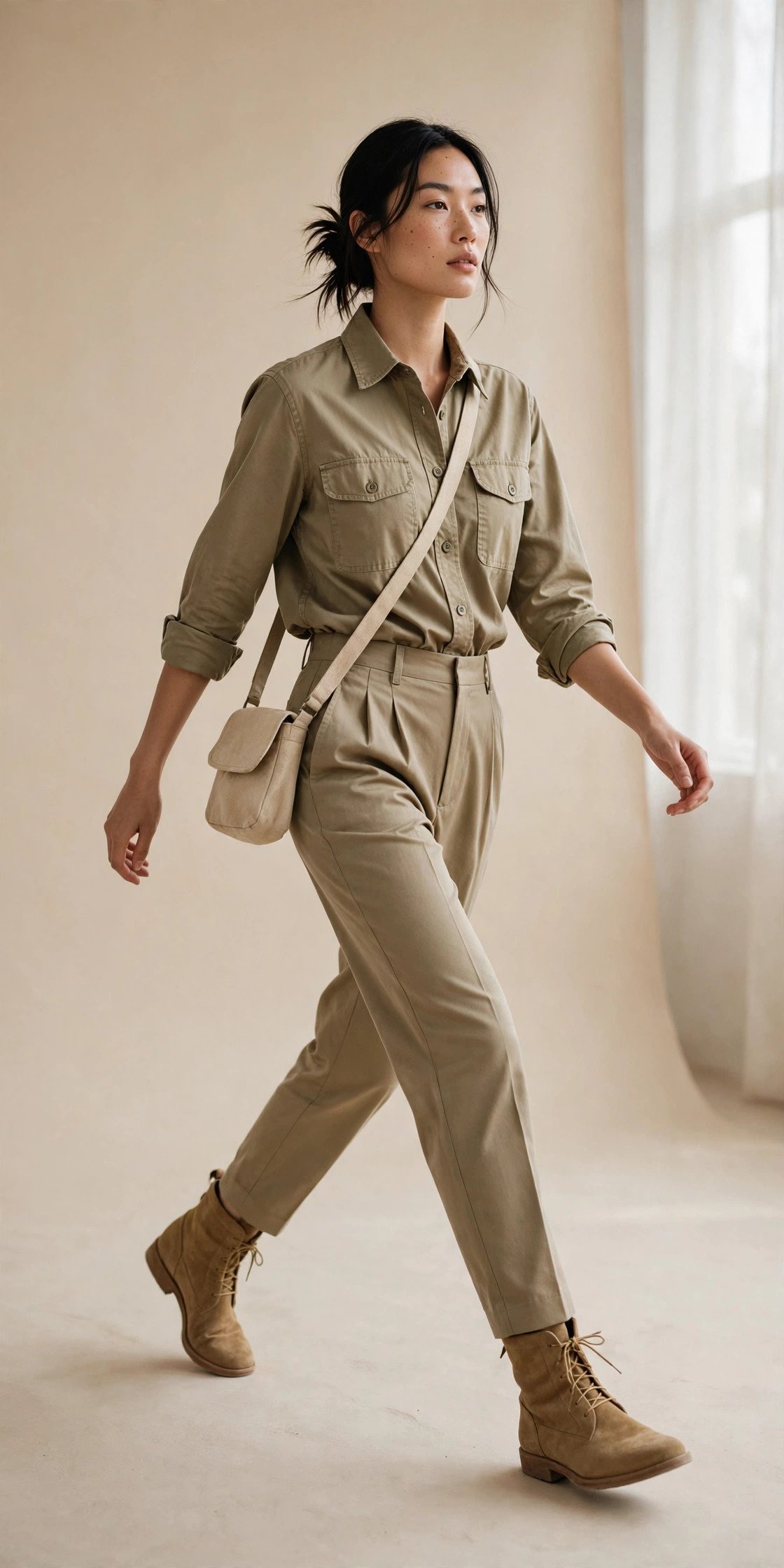 Full weekday outfit: khaki utility shirt tucked into pleated khaki trousers with suede desert boots and a canvas crossbody bag