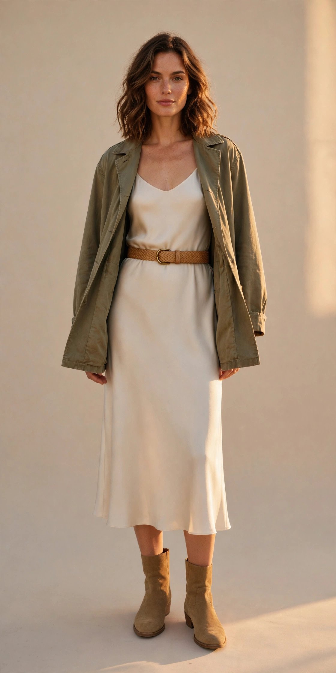 Weekend evening outfit: khaki field jacket worn open over a cream midi slip dress cinched with a woven tan belt and suede ankle boots