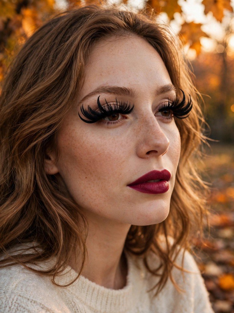 A woman wearing one dramatic makeup detail, sculptural lashes and a bold berry lip, with the rest of her face kept soft and neutral