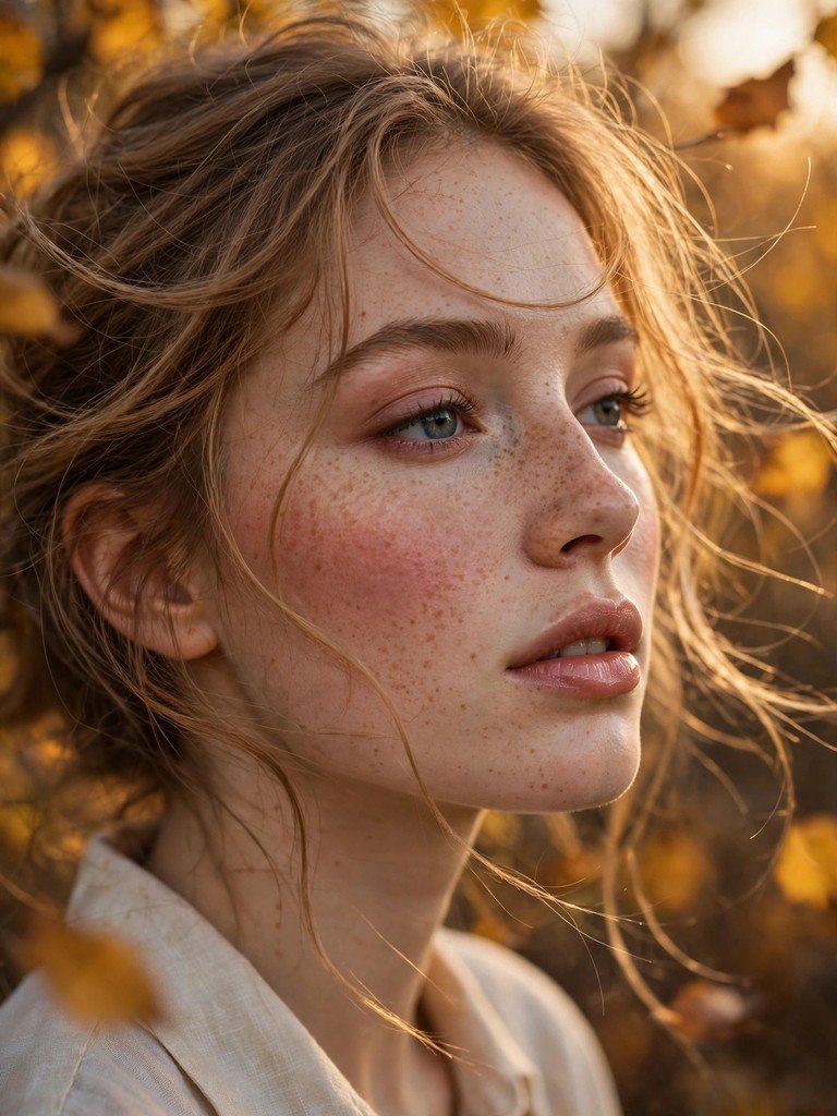 A woman with soft romantic natural makeup, visible freckles, rosy flushed cheeks and wispy hair around her face in golden autumn light