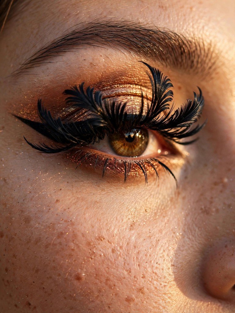Dramatic sculptural false lashes in a close-up eye makeup look with warm editorial lighting