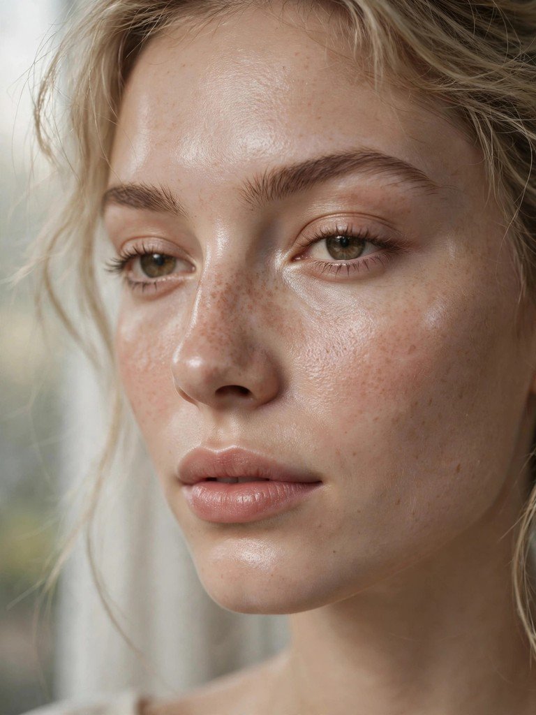 Soft wispy natural lashes and barely-there eye makeup on dewy cloud-soft skin in gentle morning light