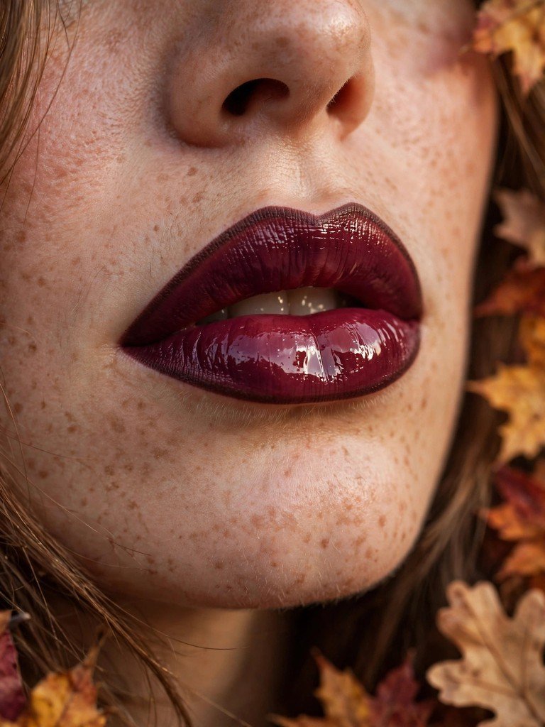 Close-up of a bold lip combination with deep berry lipstick, glossy centre and defined lip liner in autumn tones