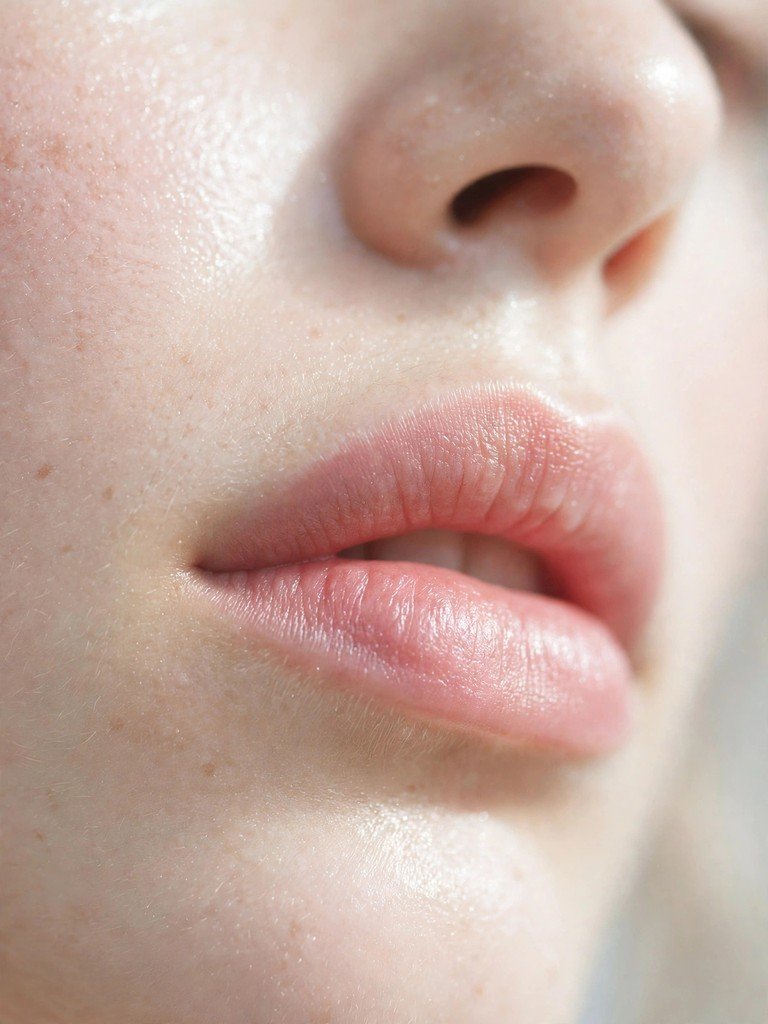 Close-up of soft blurred natural lips with a just-bitten rose tint and diffused edges on dewy skin