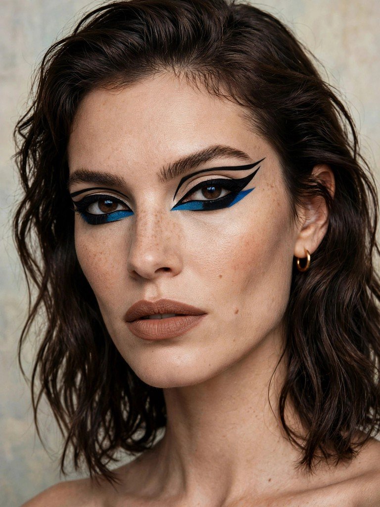 A woman wearing bold graphic black eyeliner with a sharp wing and a touch of unexpected colour