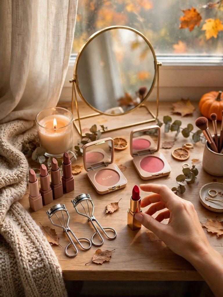 A makeup vanity in morning light with lipsticks, blush compacts and a mirror, a hand reaching for one bold lipstick