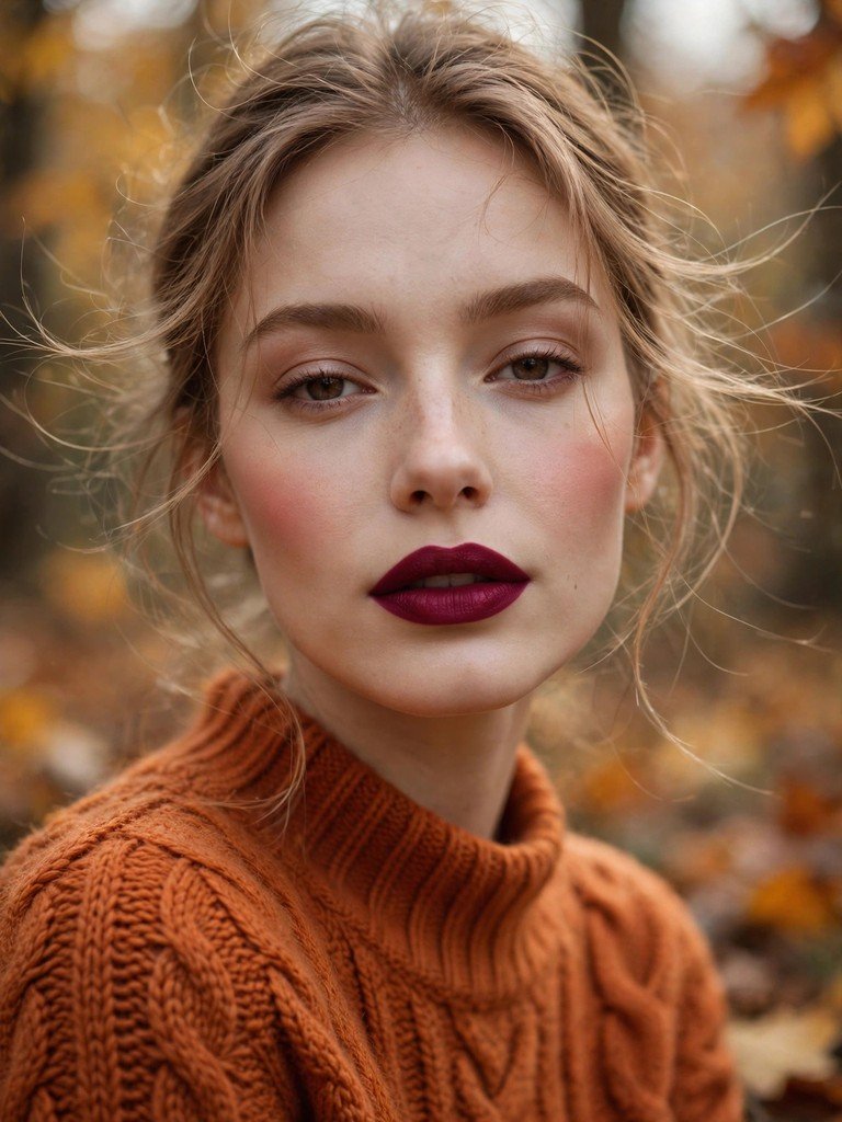 A woman combining both makeup moods with one bold berry lip, soft cloud-like skin, gentle blush and wispy hair