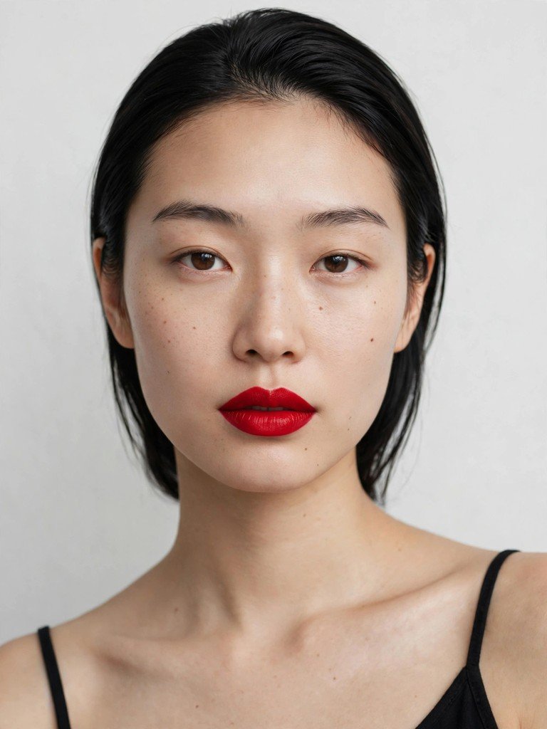 A woman wearing exactly one bold makeup detail, a single striking red lip, with everything else minimal and bare
