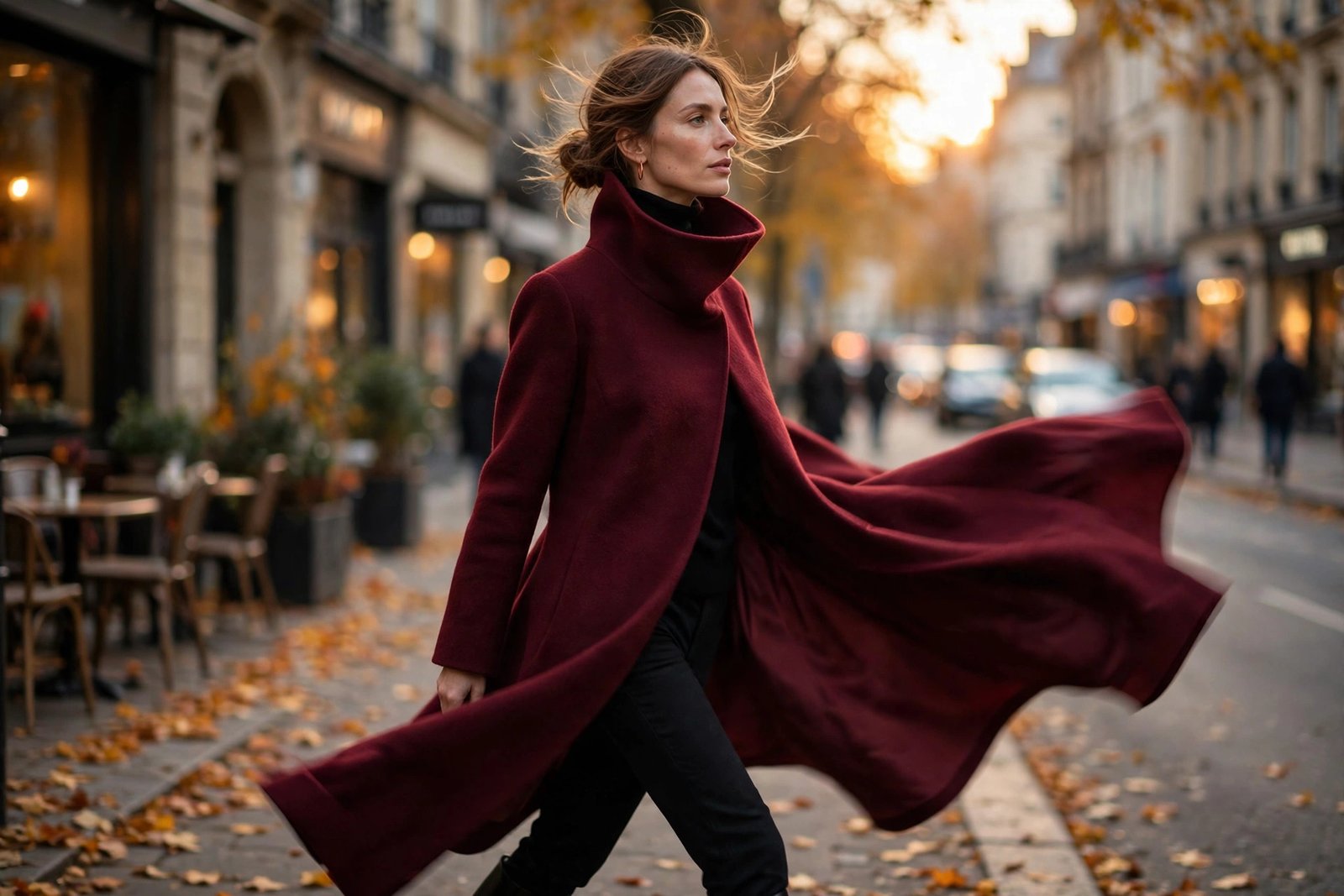 Woman in a burgundy funnel-neck wool coat with a sculpted high collar walking down an autumn city street at golden hour