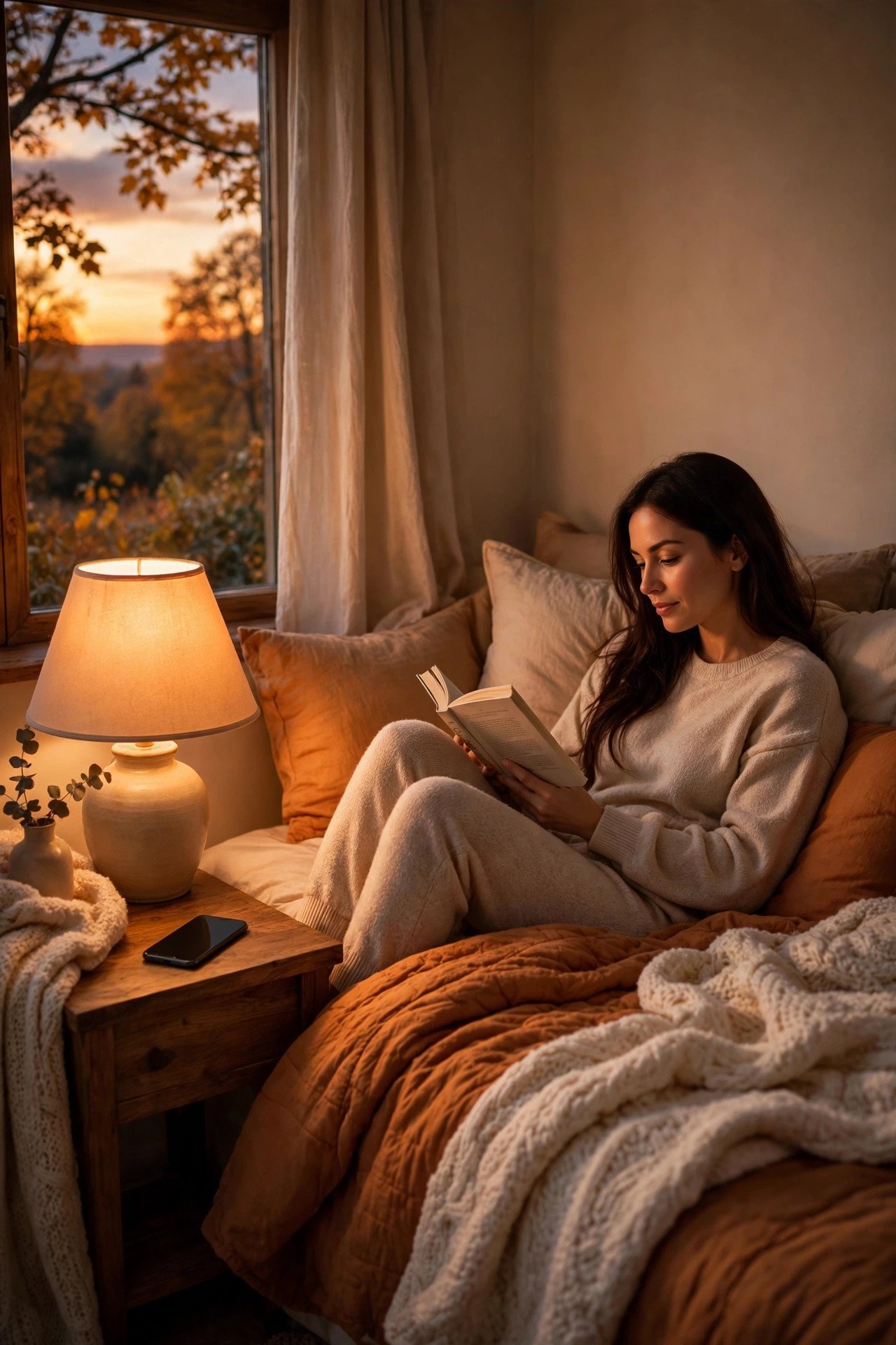 Smartphone lying face-down on a wooden nightstand while a woman reads a physical book in a cozy bed lit by a warm amber lamp