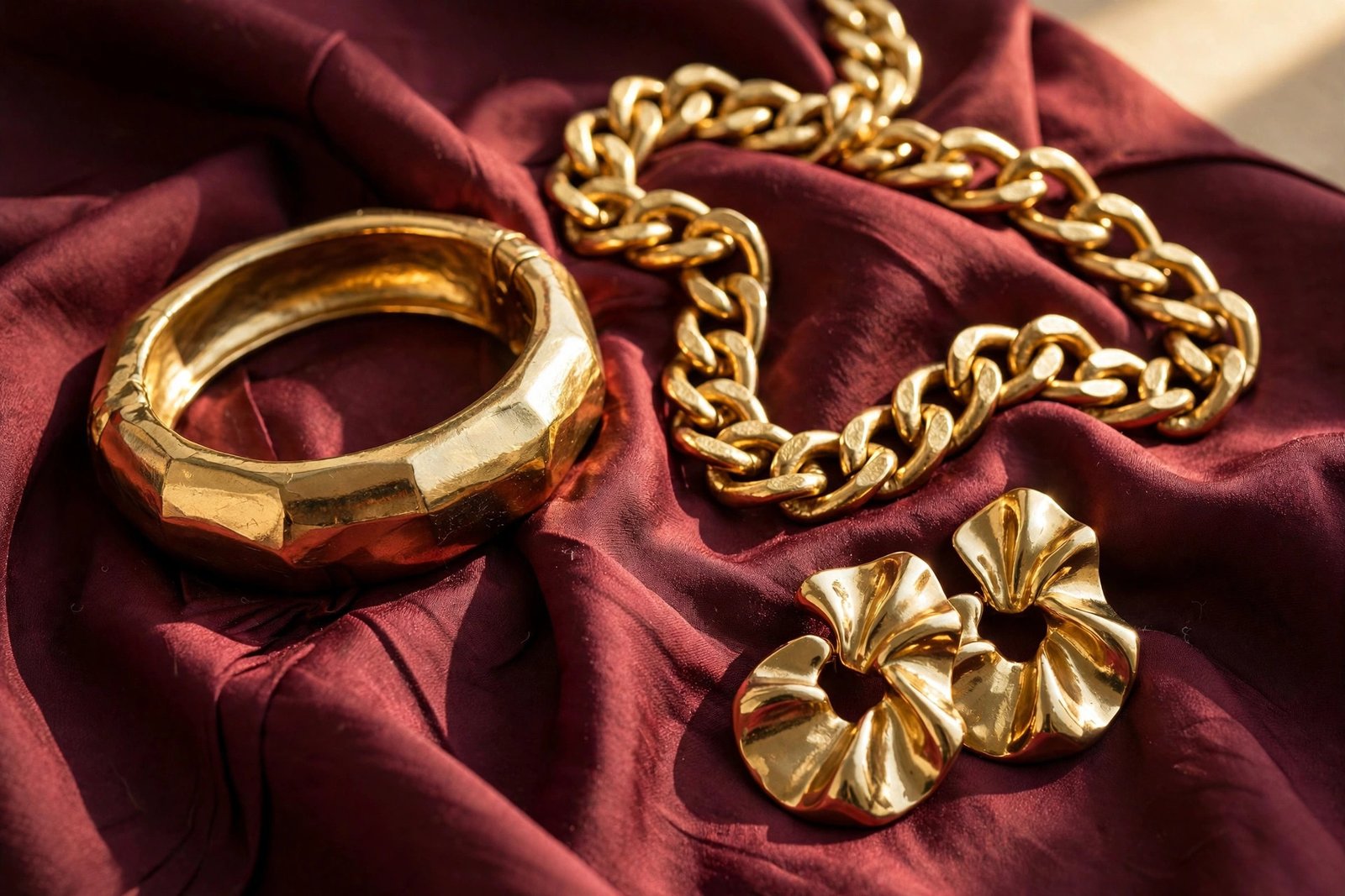 Chunky gold bangle bracelets, bold chain necklace and sculptural earrings arranged on burgundy silk fabric in warm light