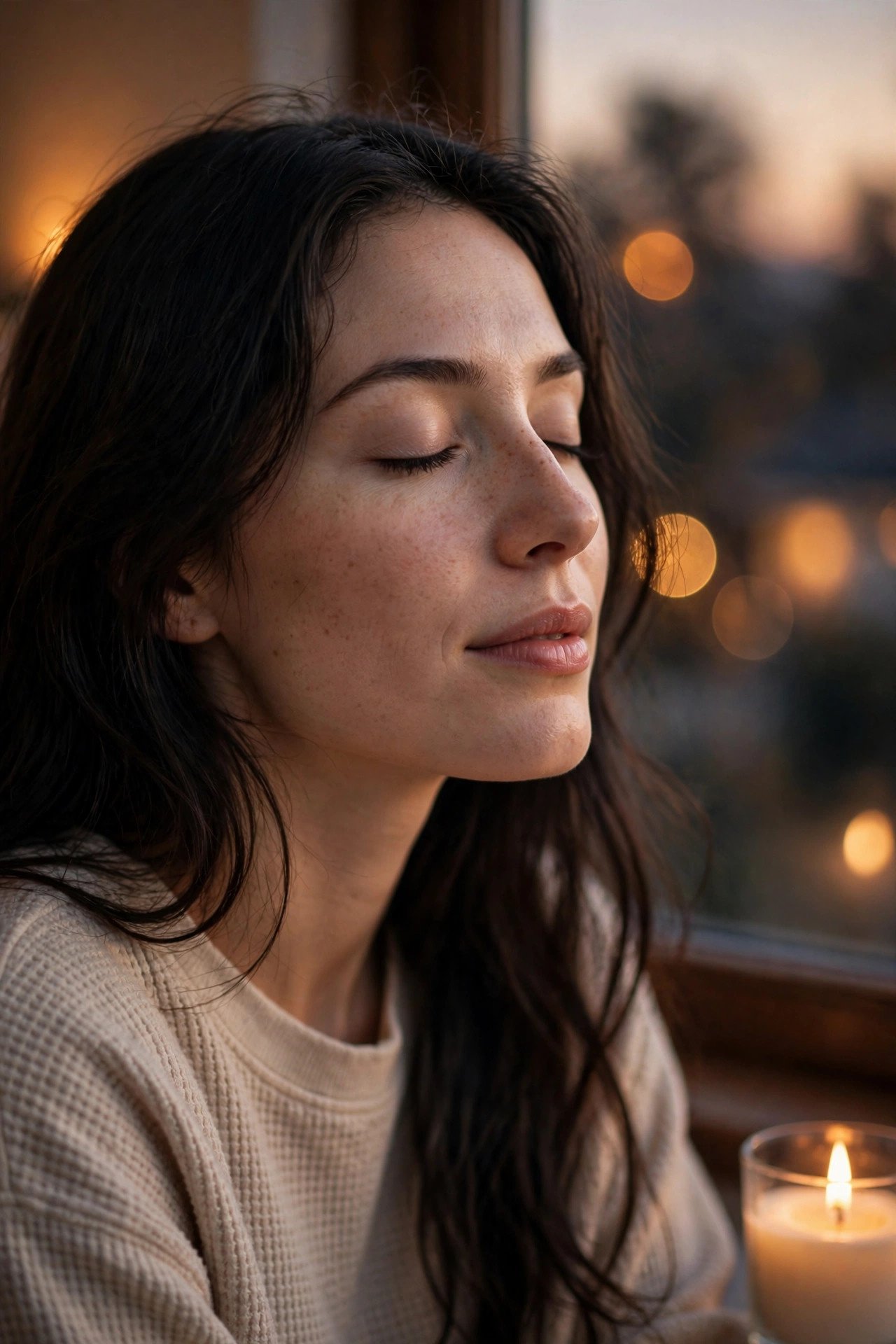 Woman with eyes gently closed practicing slow breathing beside a lit candle at a dusk window with warm bokeh light
