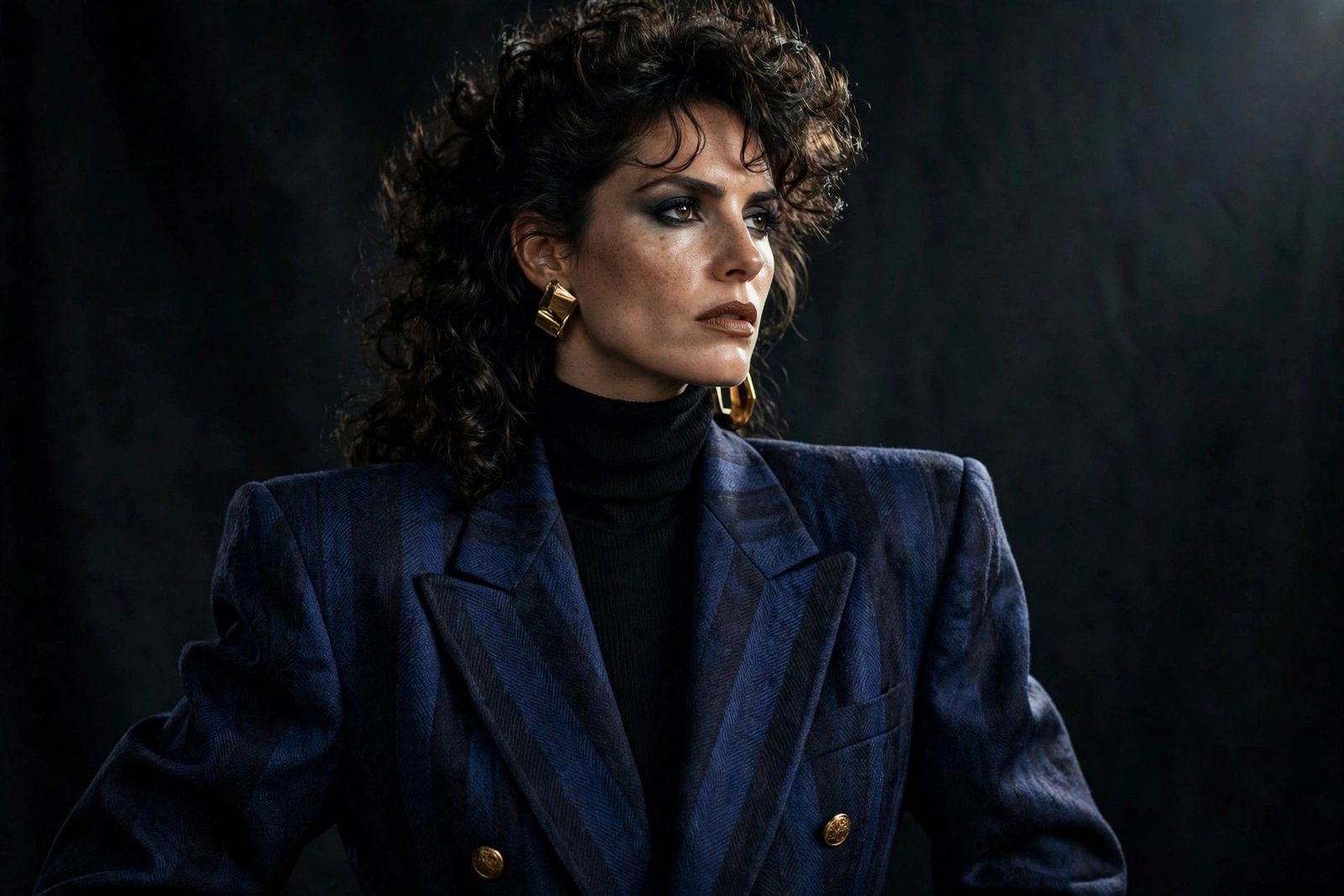Woman wearing an oversized 1980s-style blazer with strong sculpted shoulder pads over a black turtleneck in dramatic studio light