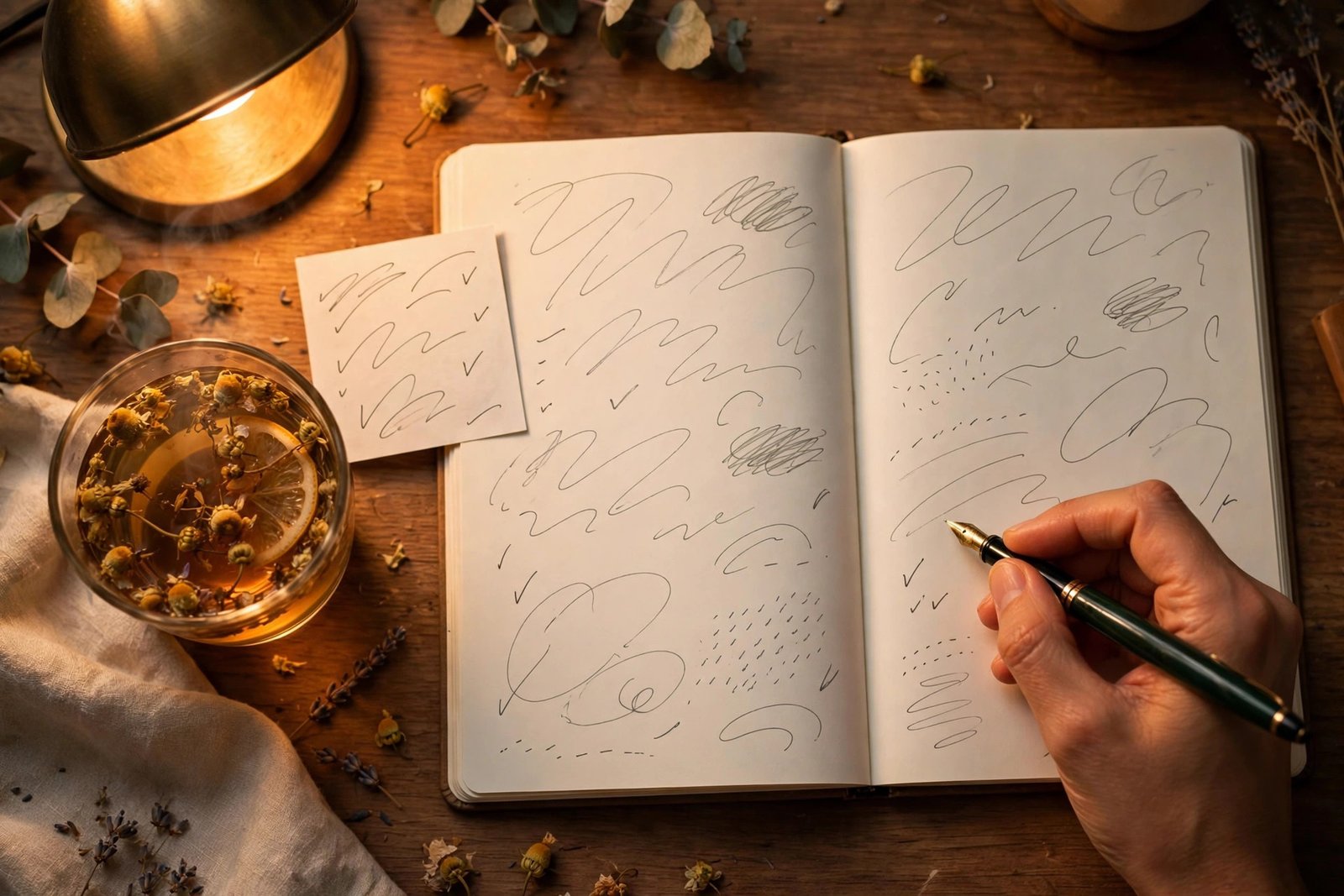 Hand writing a tomorrow to-do list in an open journal with a fountain pen beside a cup of herbal tea on a warm-lit desk