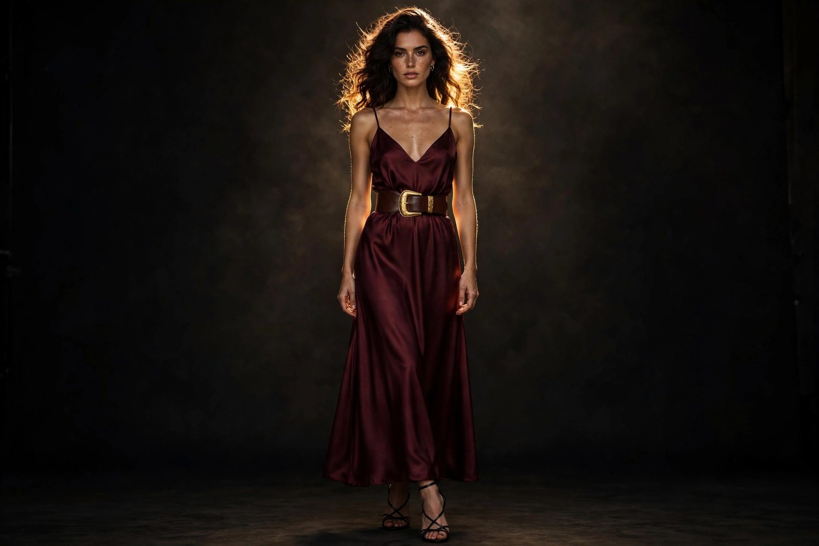 Woman in a burgundy slip dress cinched at the waist with a wide leather belt with a large gold buckle against a dark backdrop