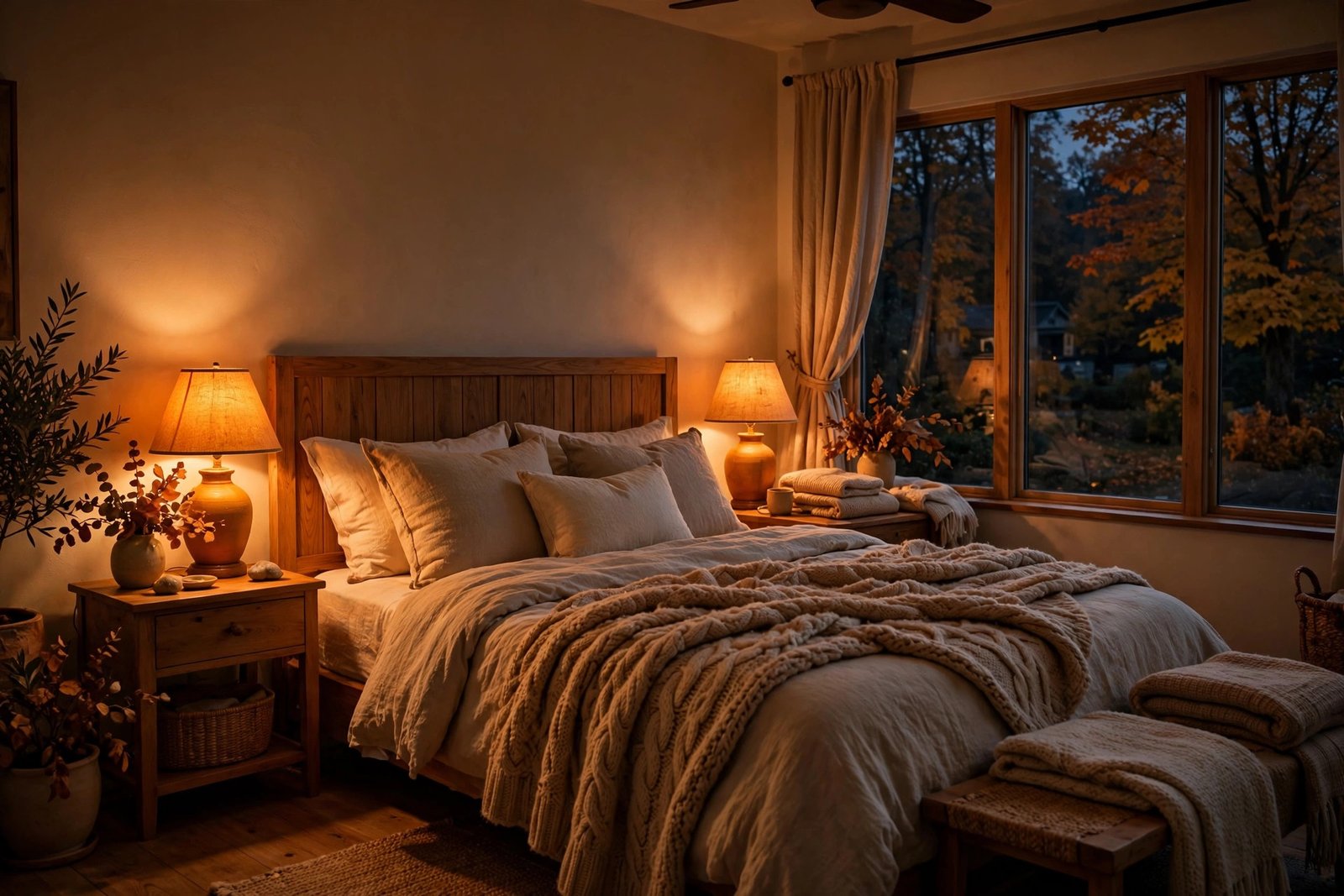 Cozy bedroom at night lit only by warm amber lamps with overhead lights off and a knit throw blanket on the bed