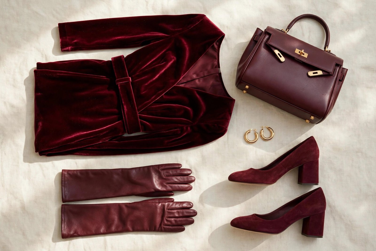 Flat lay of burgundy clothing and accessories — velvet dress, suede heels, leather gloves, gold jewelry — arranged on a cream background