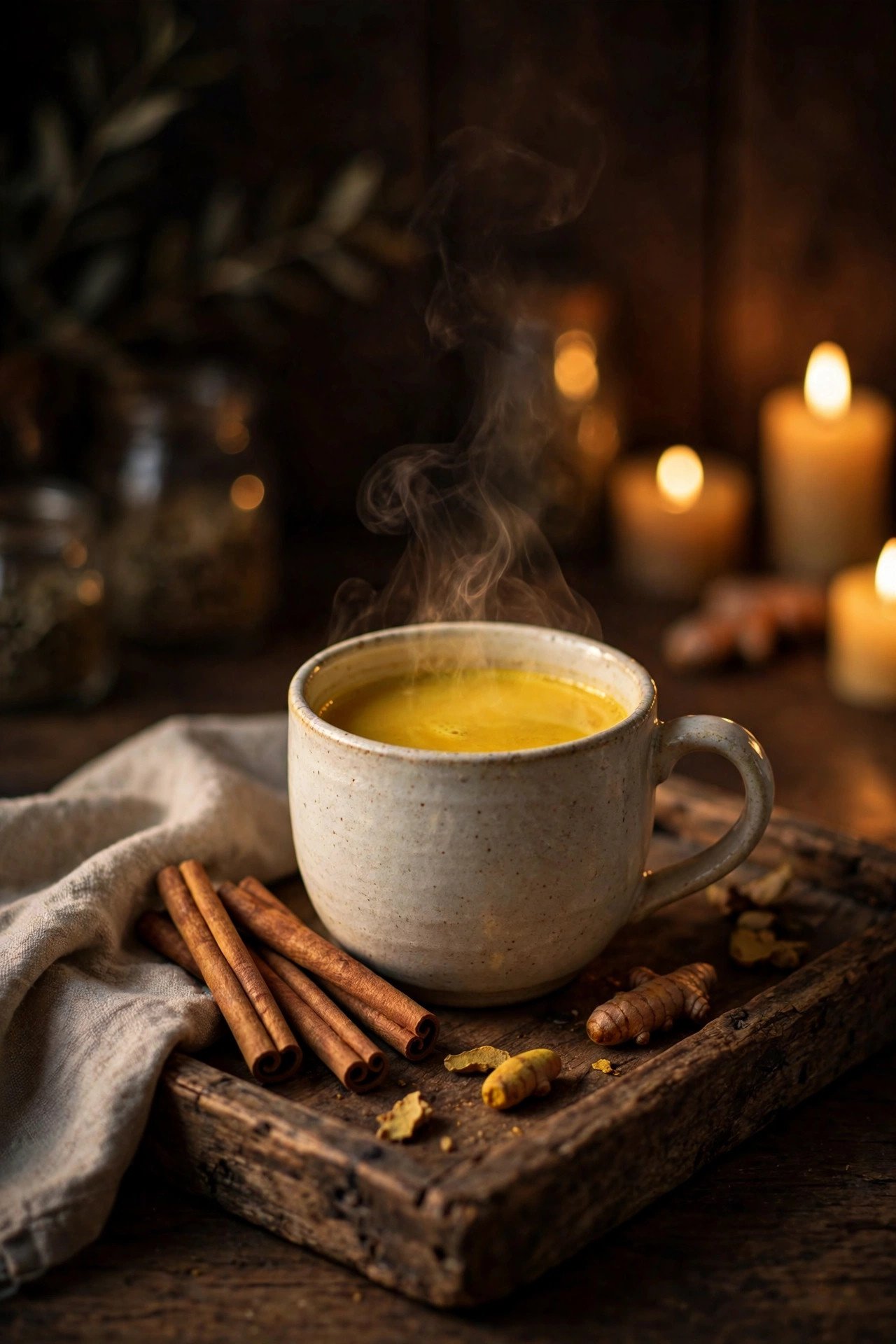 Steaming ceramic mug of golden turmeric milk with cinnamon sticks on a rustic wooden tray in warm candlelight