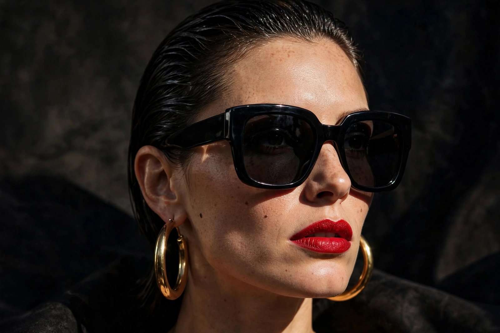 Close-up portrait of a woman wearing oversized 1980s-style black sunglasses with slicked-back hair and gold hoop earrings