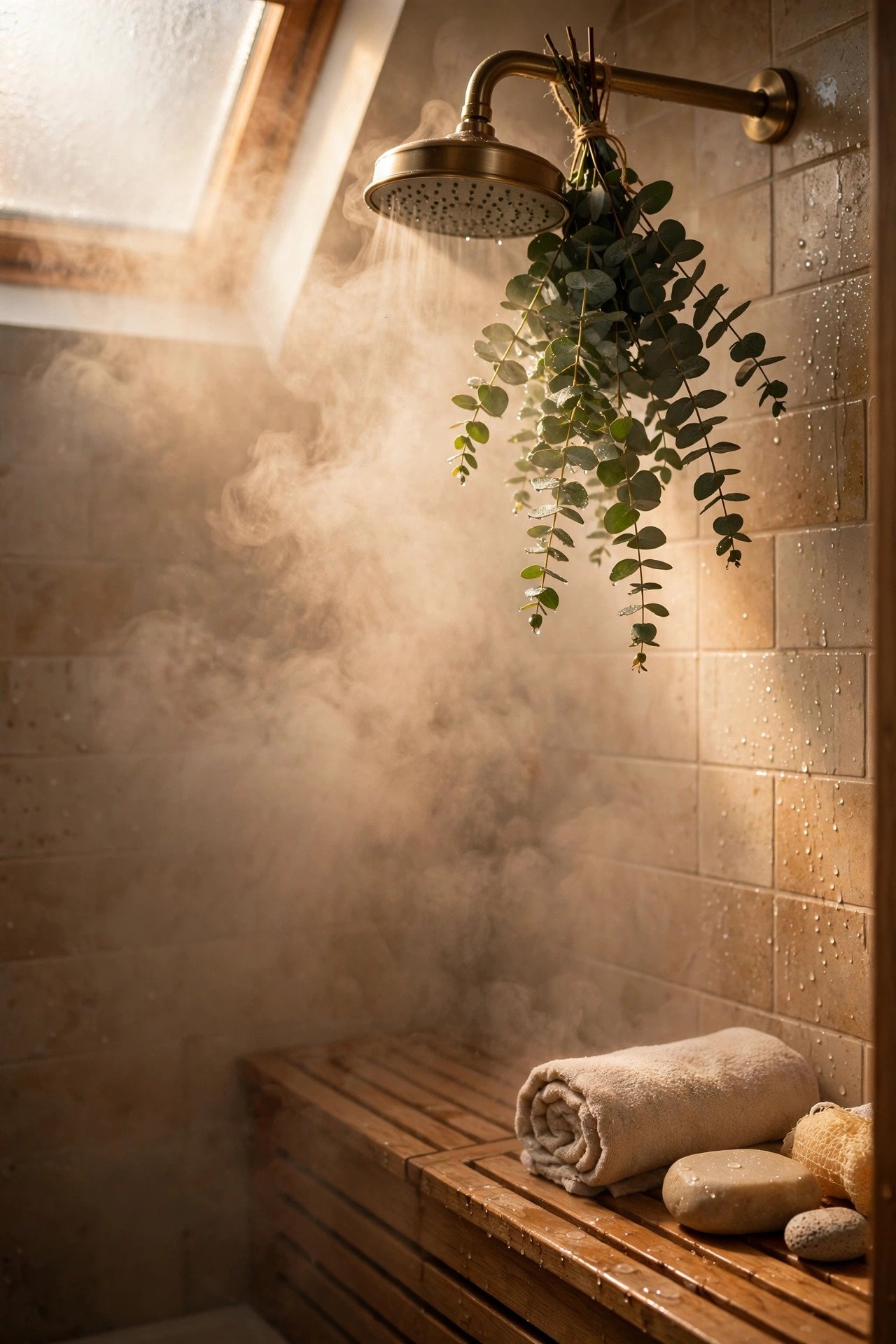 Warm steamy shower with eucalyptus sprigs hanging from the shower head in soft spa-like light