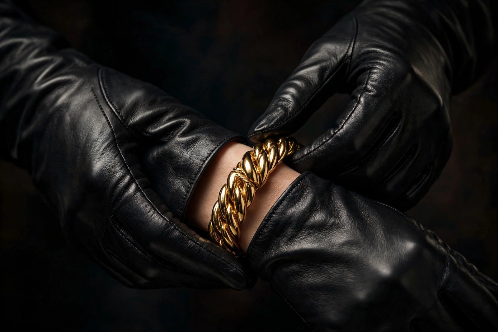 Elegant woman's hands wearing long black leather gloves adjusting a chunky gold bangle bracelet against a dark moody background