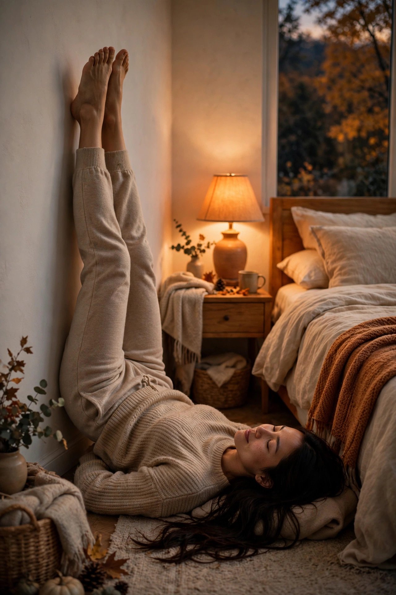 Woman in cozy loungewear doing a legs-up-the-wall yoga pose beside her bed in warm amber light