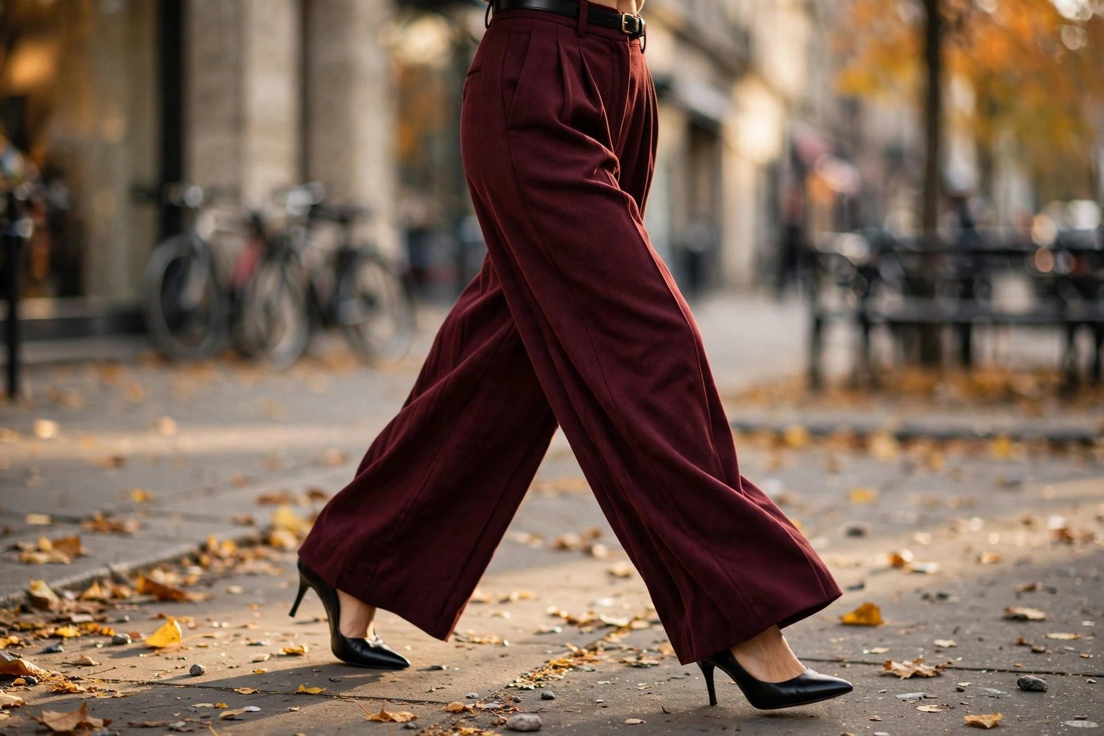 Woman in high-waisted pleated wide-leg burgundy trousers and pointed heels mid-stride on a city pavement in autumn light