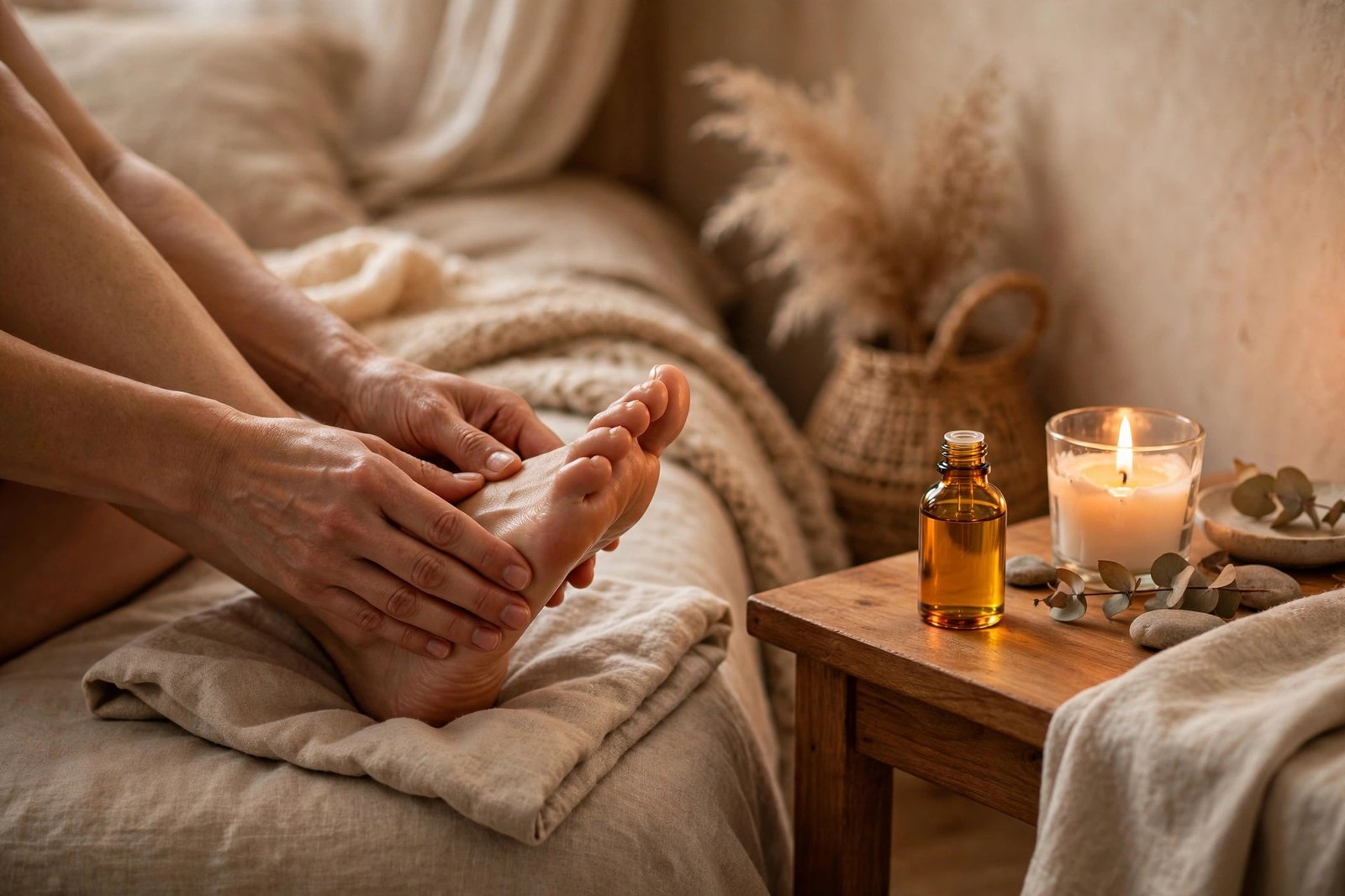 Hands gently massaging a foot with warm oil beside a small amber bottle and a lit candle on a wooden side table