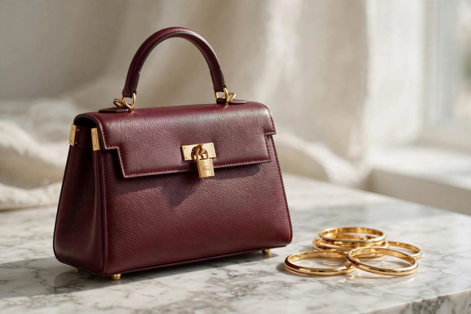 Structured burgundy top-handle handbag with gold hardware on a marble surface beside gold bangle bracelets in soft window light
