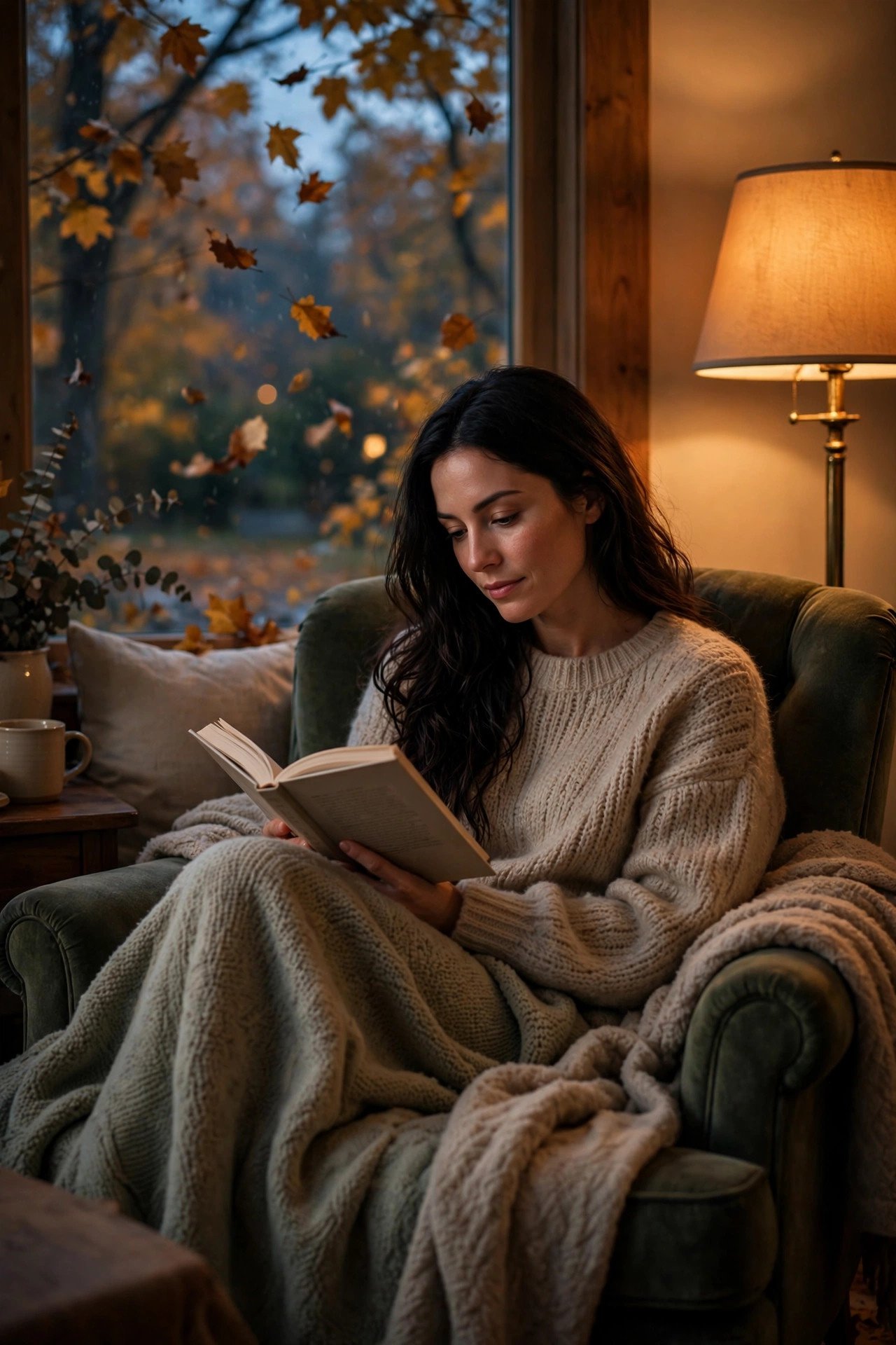 Woman reading a physical book curled in a cozy armchair under a warm amber floor lamp by a fall evening window