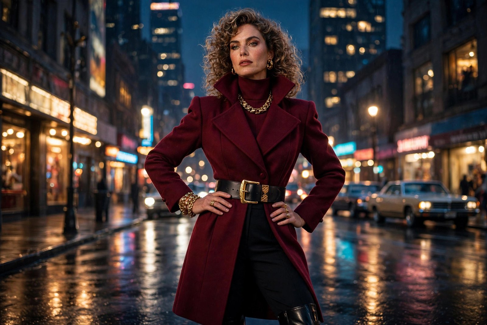 Woman in a full 1980s-inspired glam outfit — burgundy funnel-neck coat, wide belt, chunky gold jewelry — in dramatic evening city lights