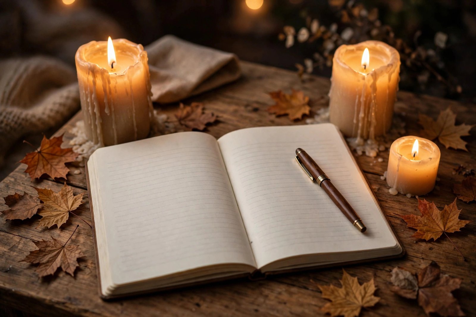 Open gratitude journal with lit pillar candles and a pen on a wooden desk with dried autumn leaves in candlelight