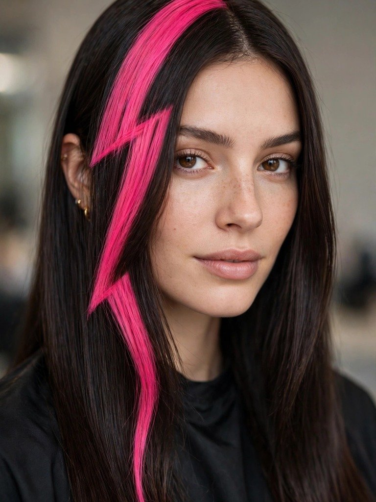 Woman with long dark brunette hair and a bold chunky hot-pink stripe through the front section