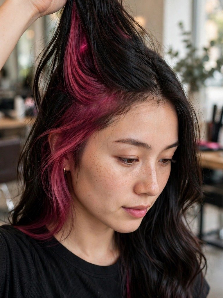 Long dark hair lifted to reveal a hidden dark pink peekaboo color panel underneath