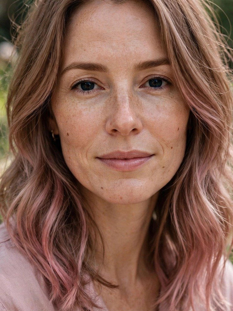 Shoulder-length light brown hair with soft dusty-rose pink balayage pieces through the ends